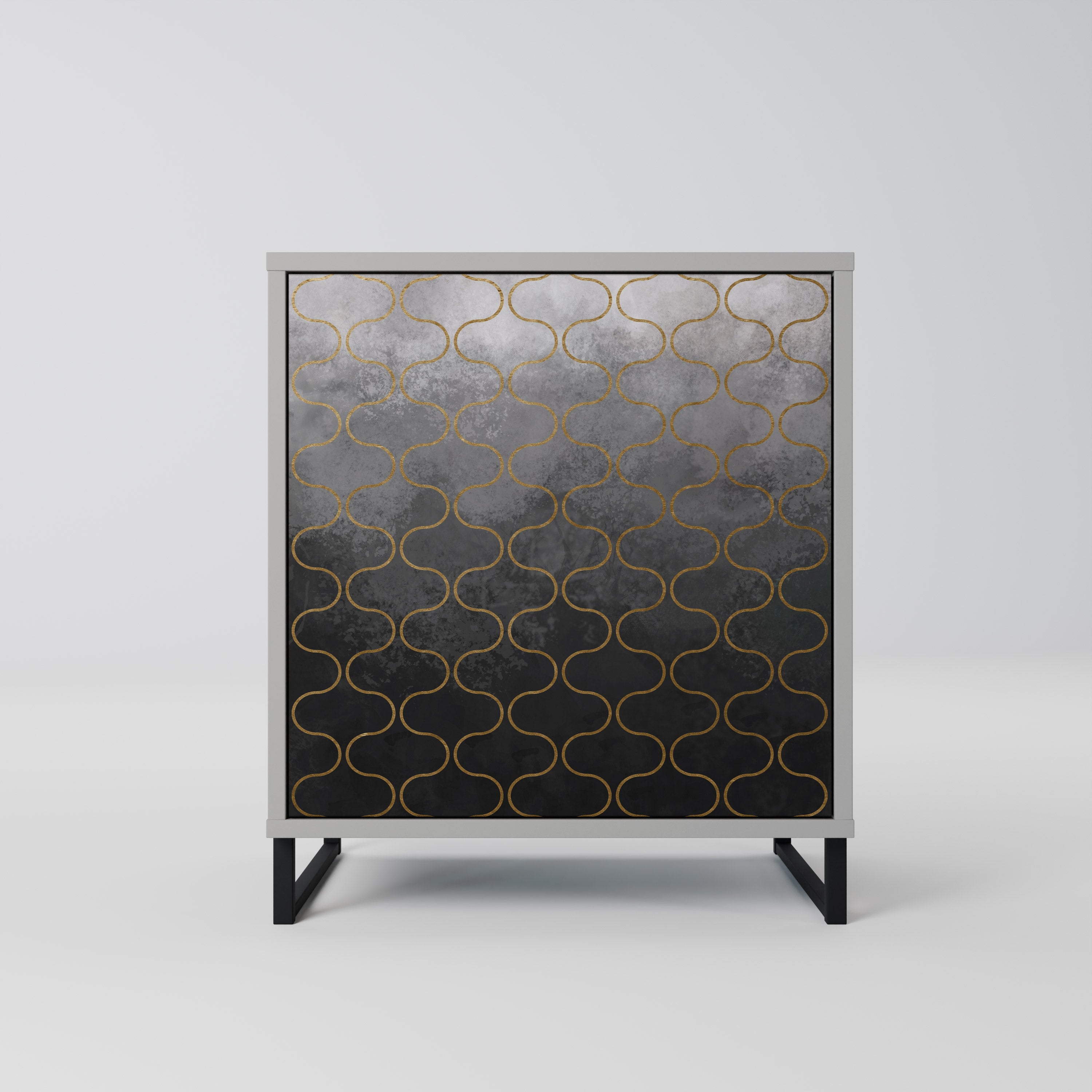 Aparador de una puerta con diseño teselado grisáceo y acabado gris.