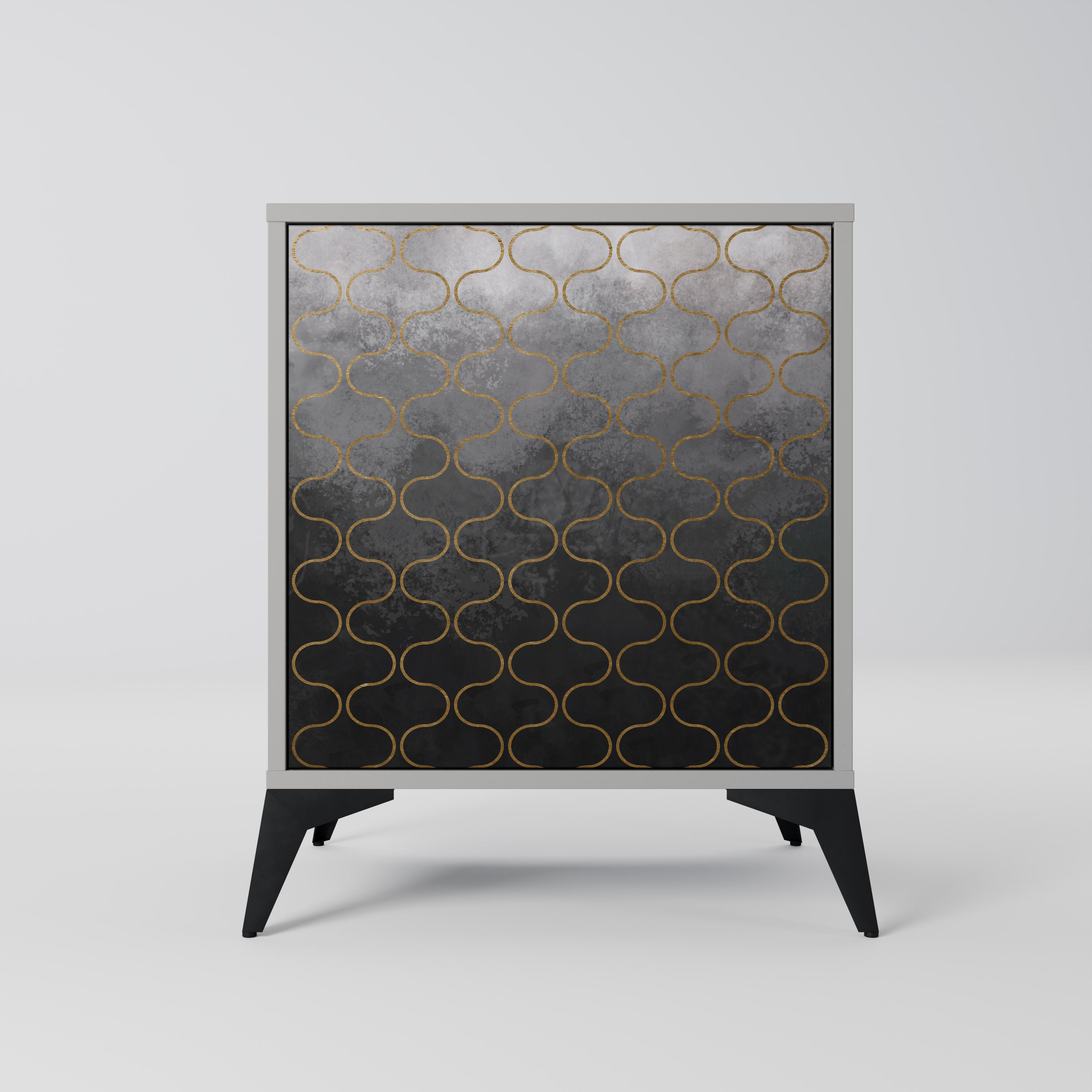 Aparador de una puerta con diseño teselado grisáceo y acabado gris.