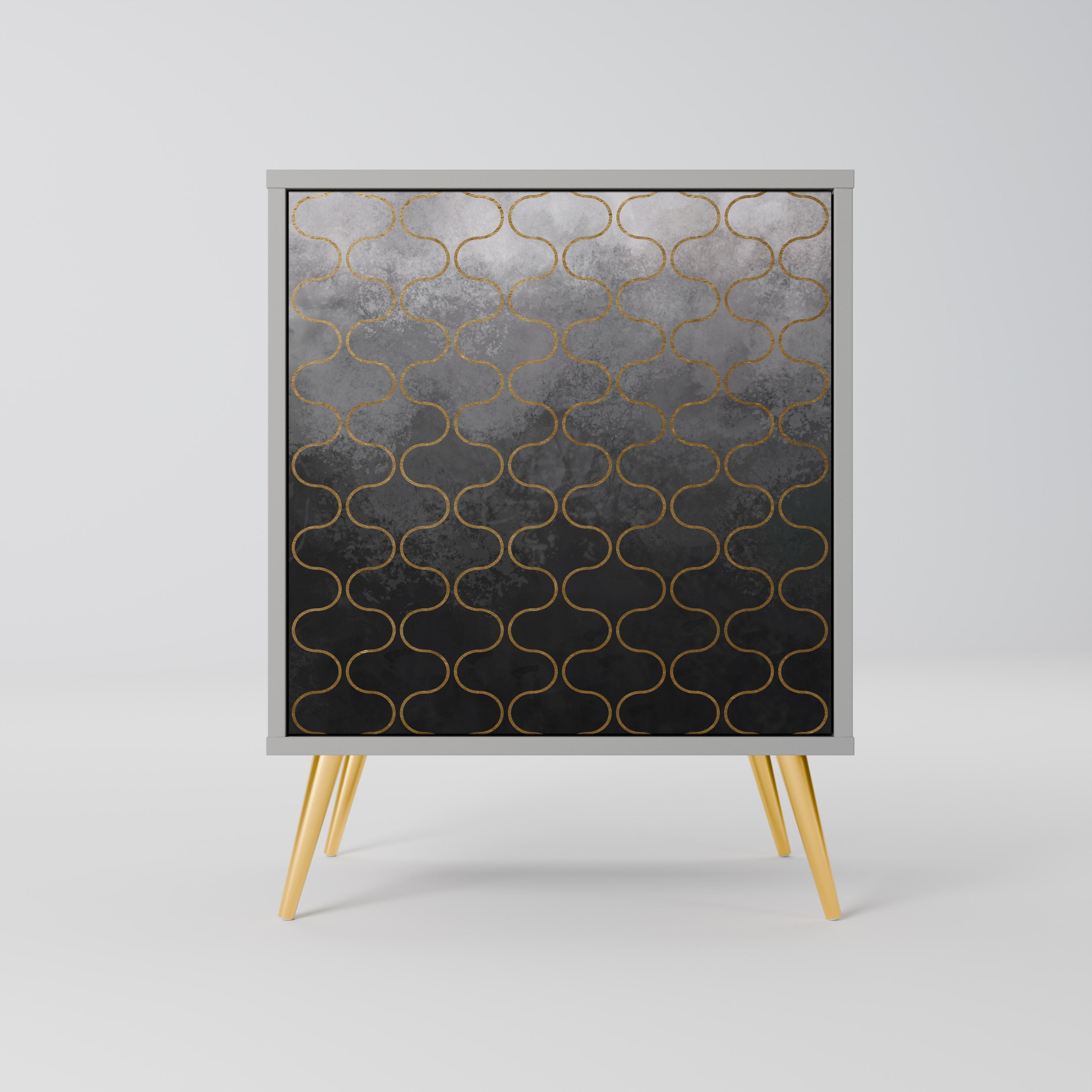 Aparador de una puerta con diseño teselado grisáceo y acabado gris.