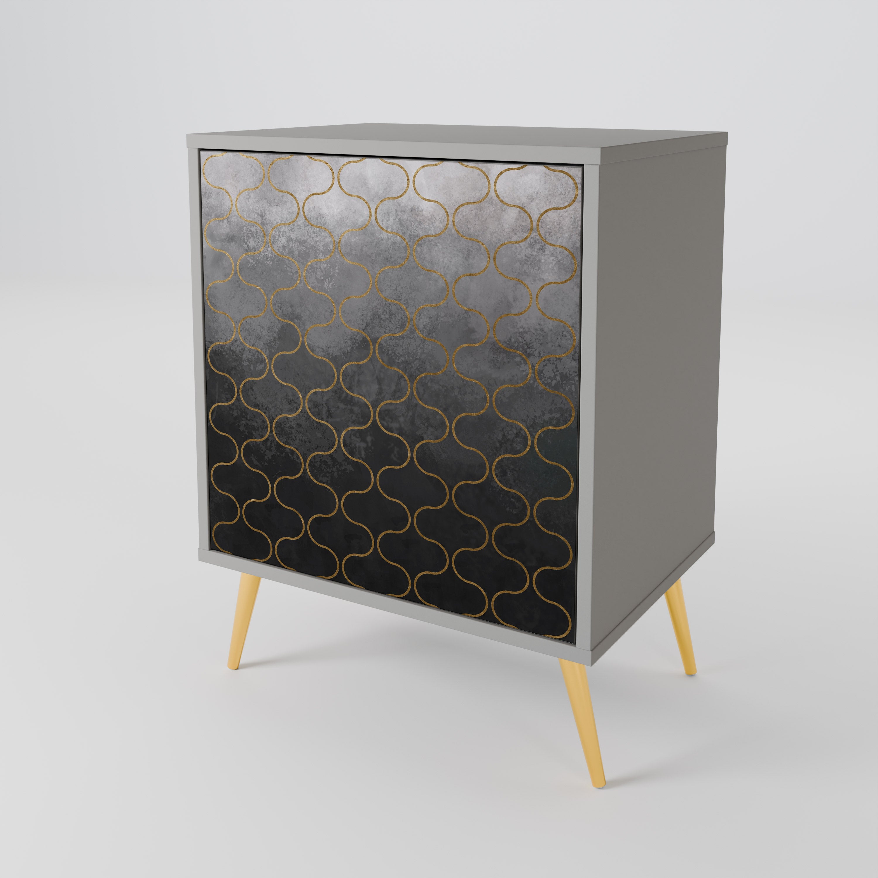 Aparador de una puerta con diseño teselado grisáceo y acabado gris.