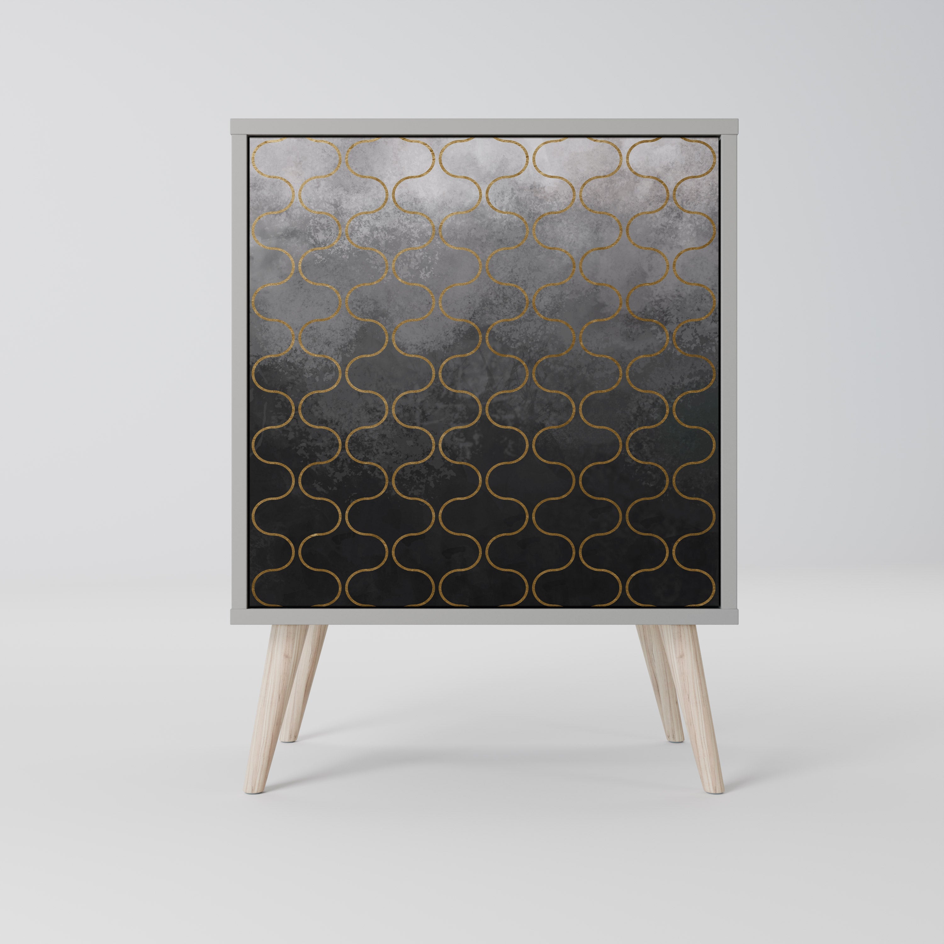 Aparador de una puerta con diseño teselado grisáceo y acabado gris.