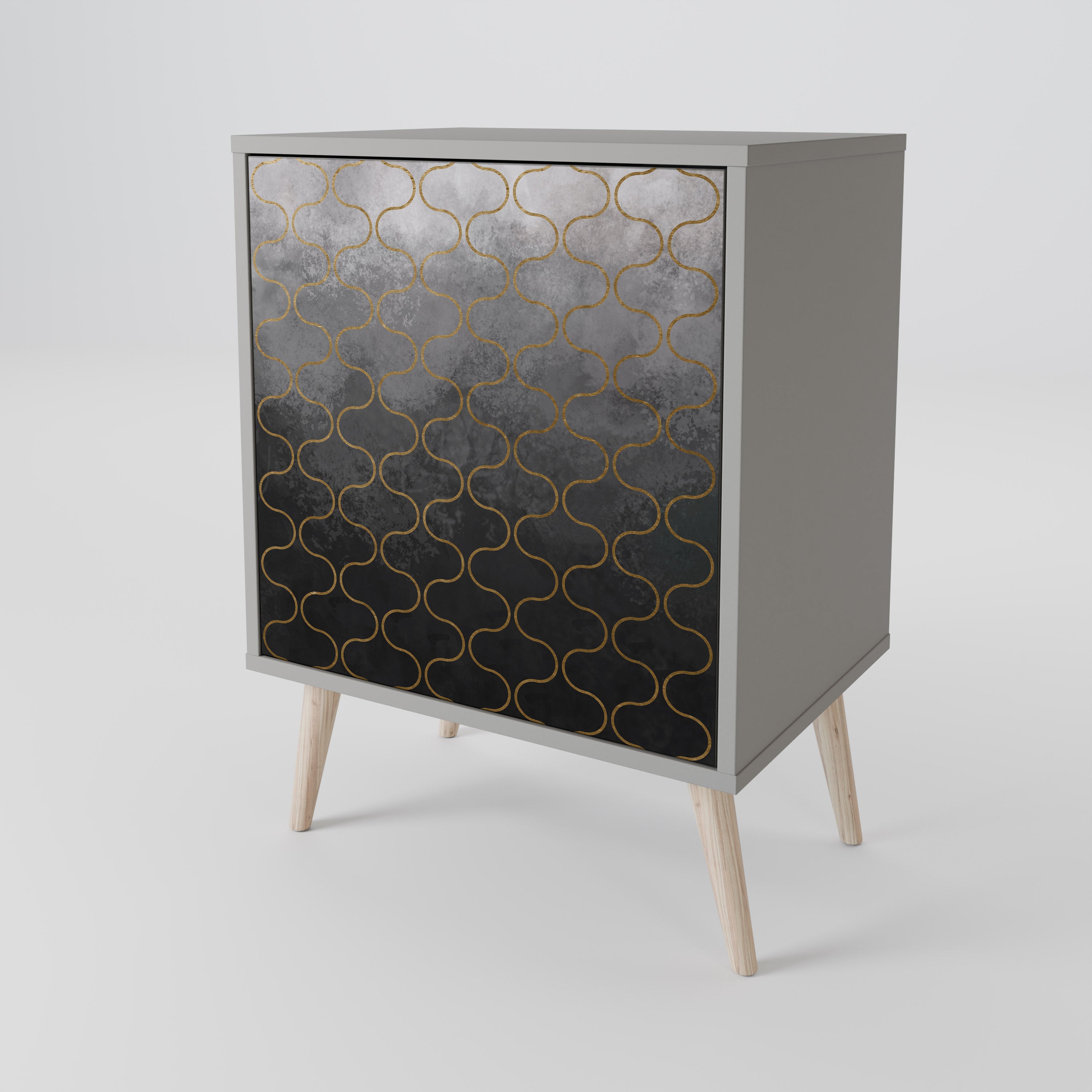 Aparador de una puerta con diseño teselado grisáceo y acabado gris.