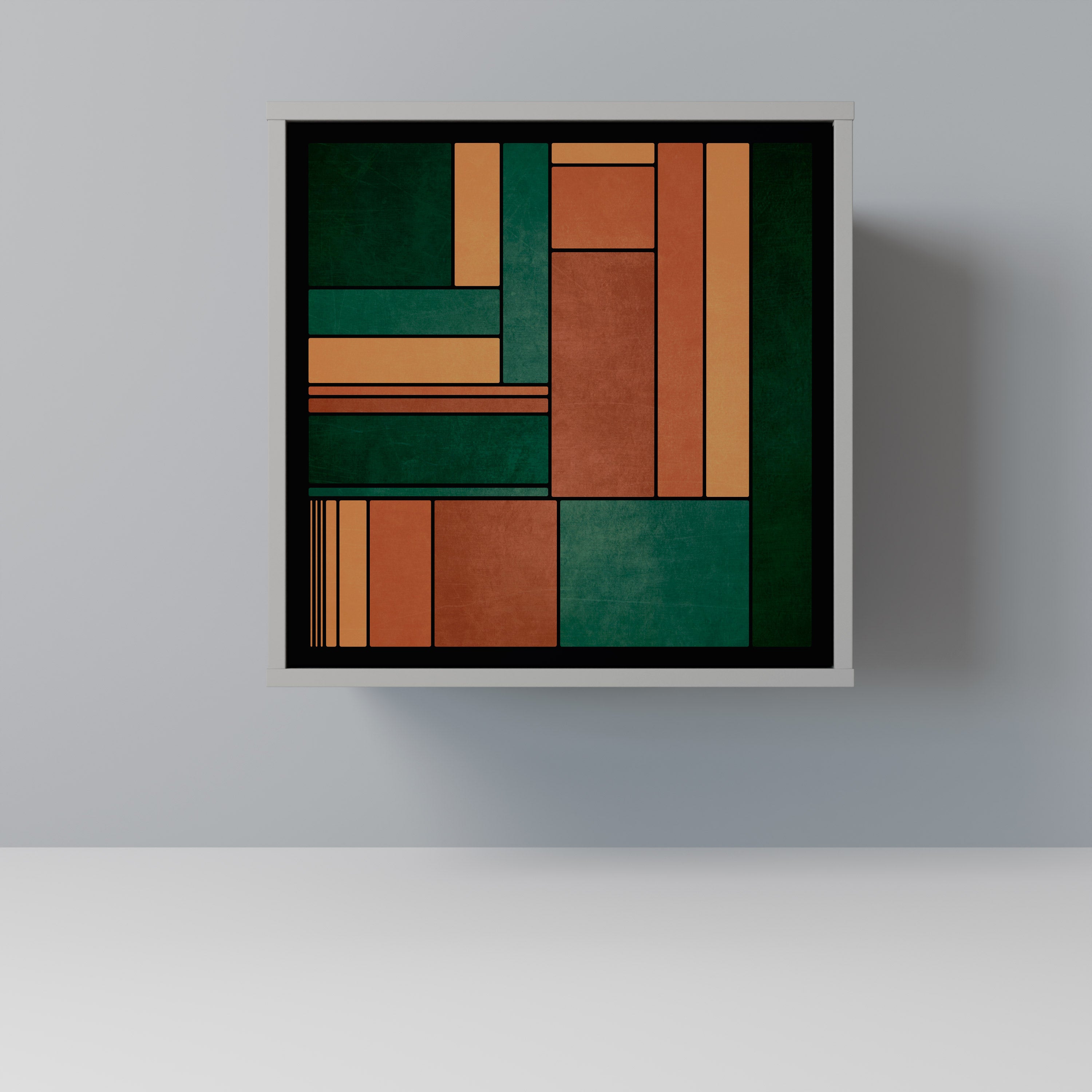 Aparador de una puerta con figuras terrosas en acabado gris