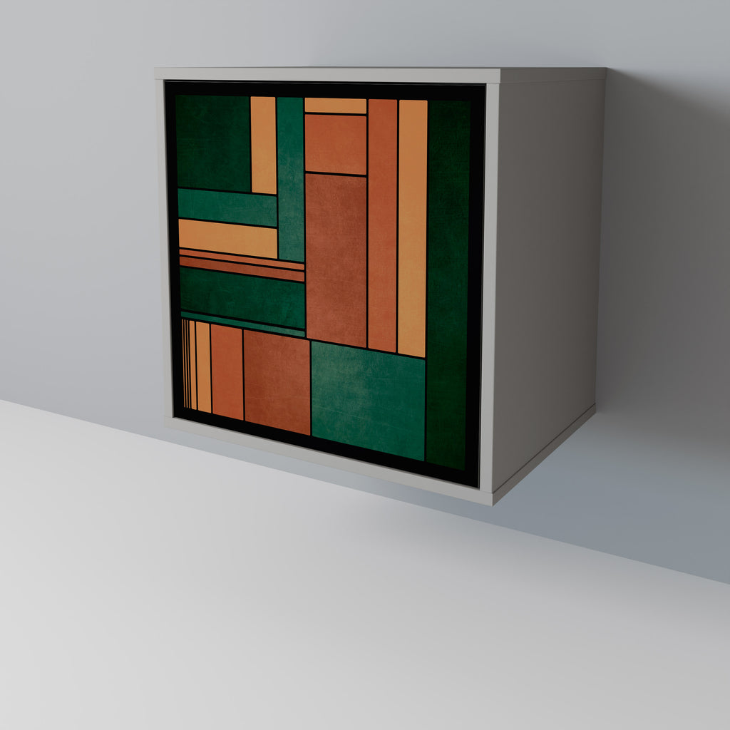 Aparador de una puerta con figuras terrosas en acabado gris