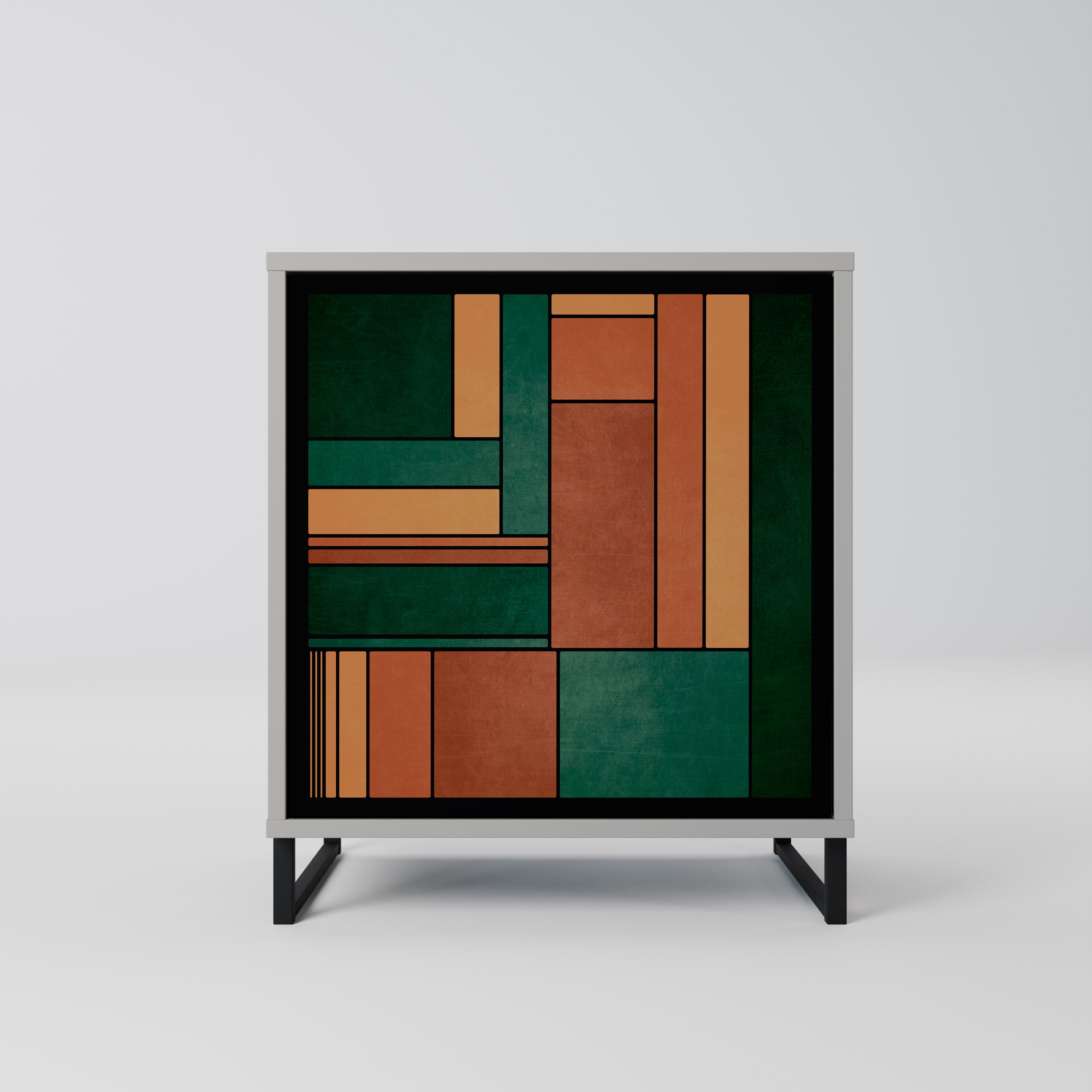 Aparador de una puerta con figuras terrosas en acabado gris