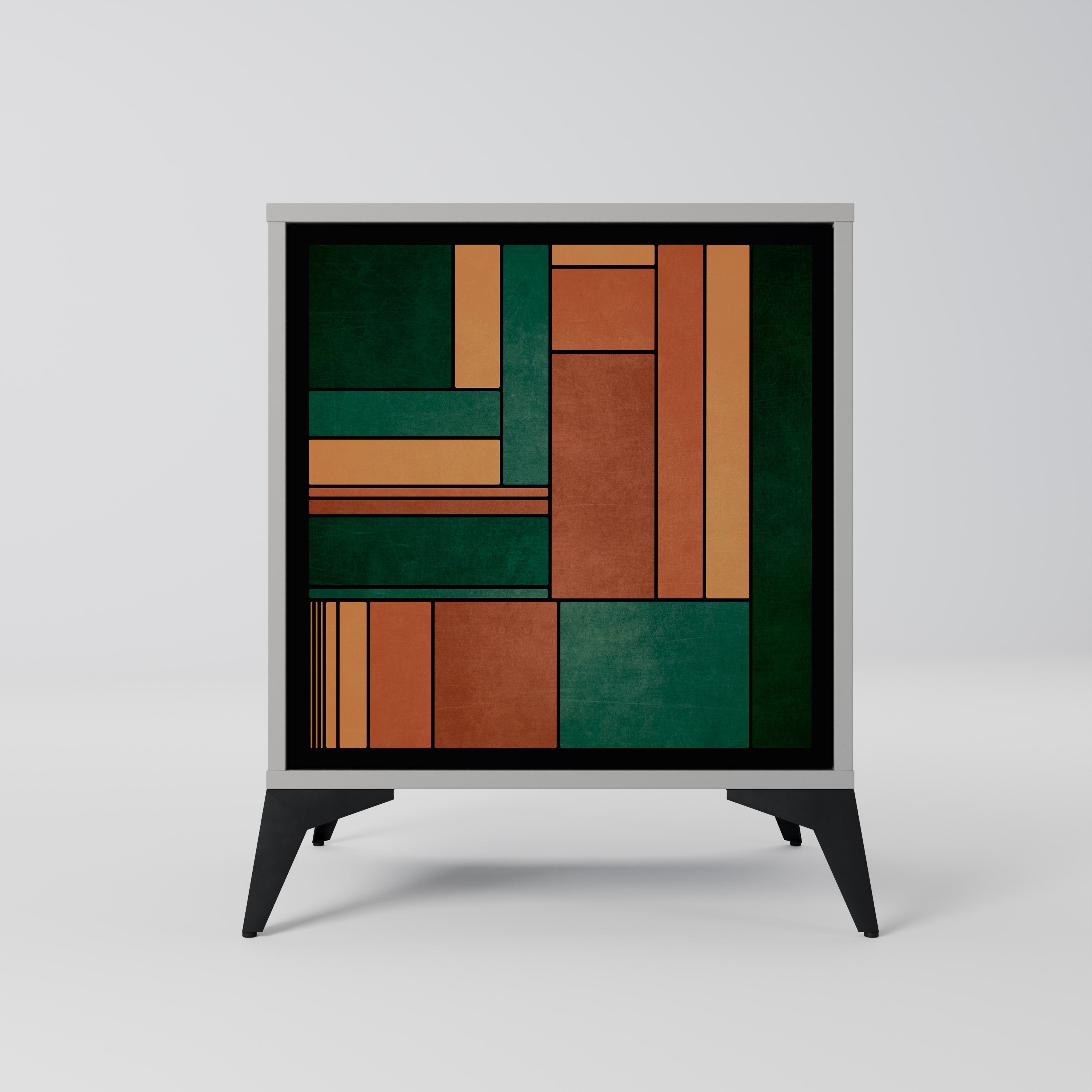 Aparador de una puerta con figuras terrosas en acabado gris