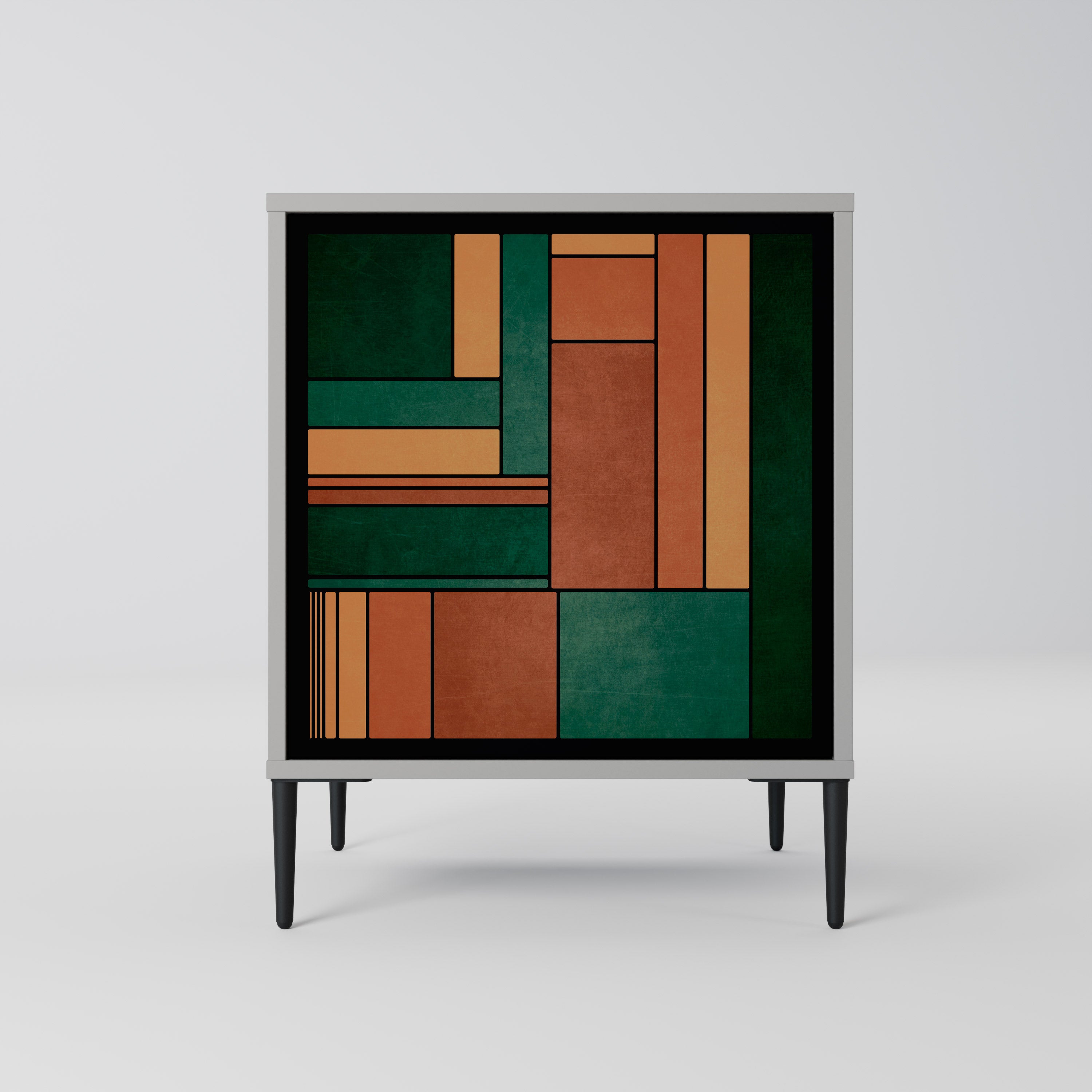 Aparador de una puerta con figuras terrosas en acabado gris