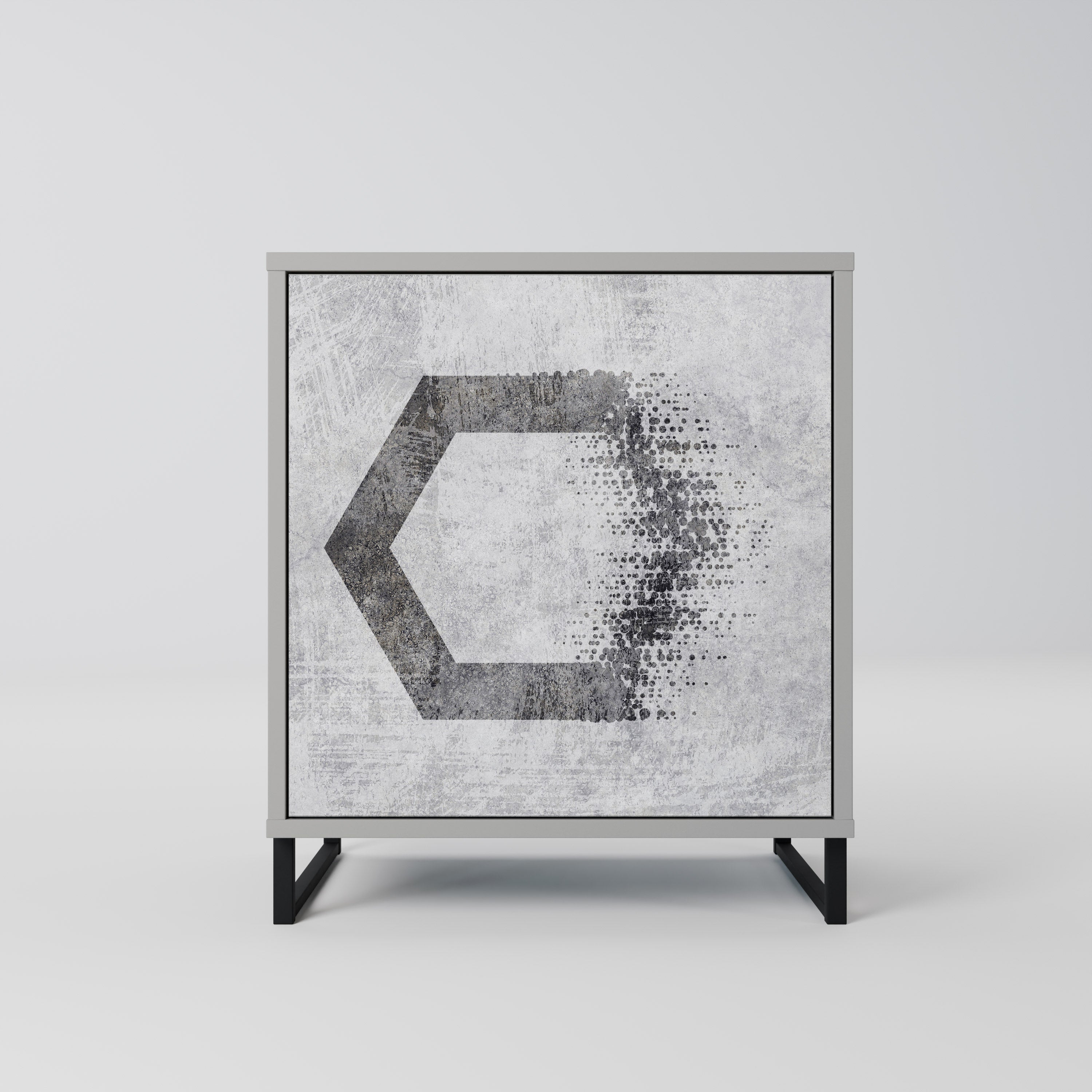 Figuras hexagonales. Aparador de una puerta en acabado gris.