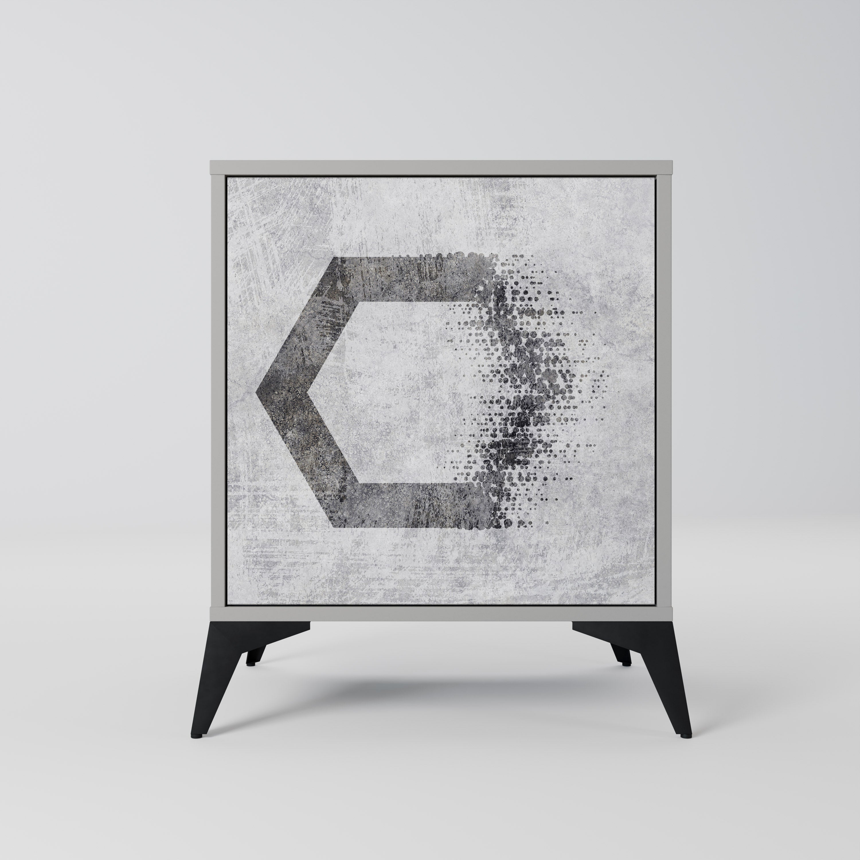 Figuras hexagonales. Aparador de una puerta en acabado gris.