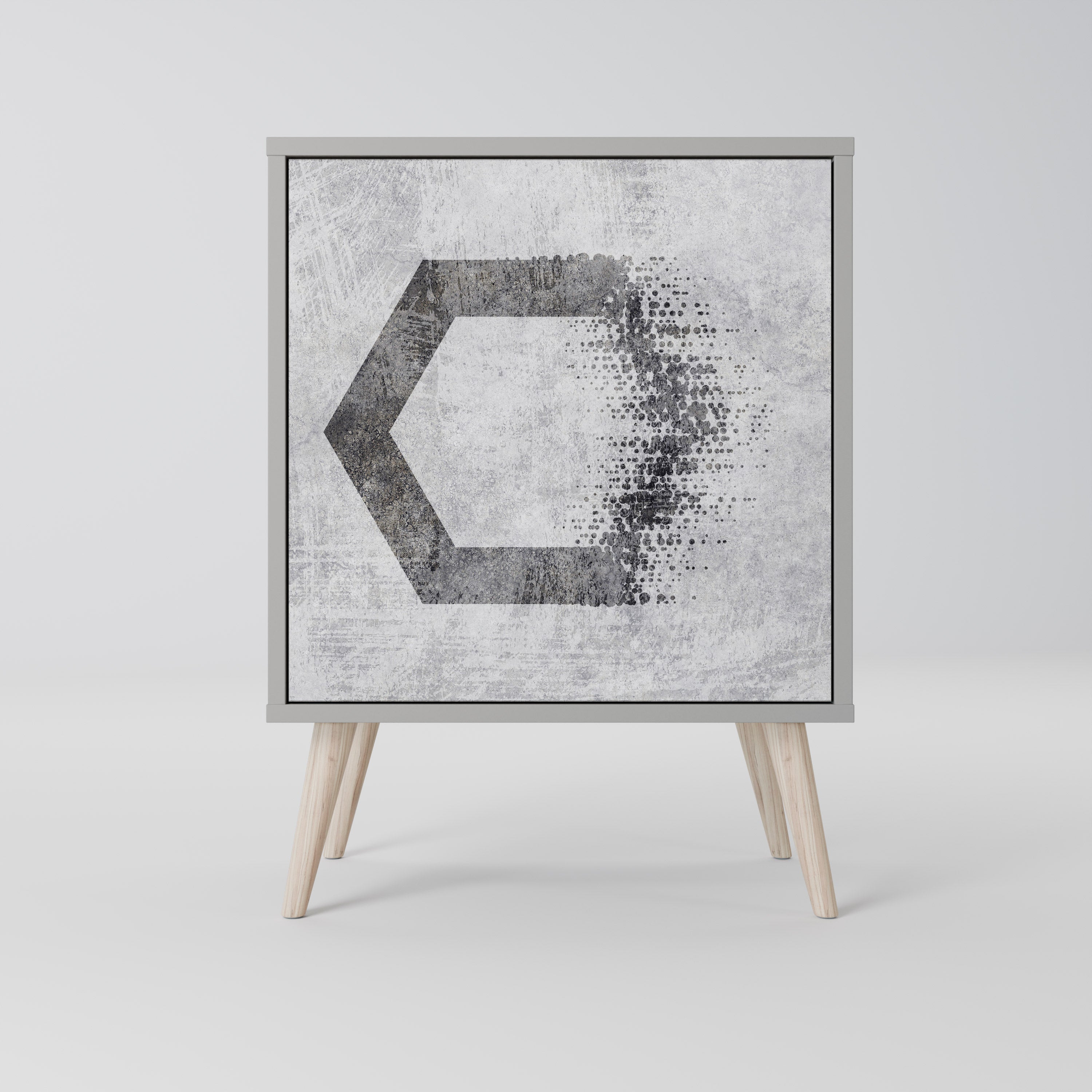 Figuras hexagonales. Aparador de una puerta en acabado gris.