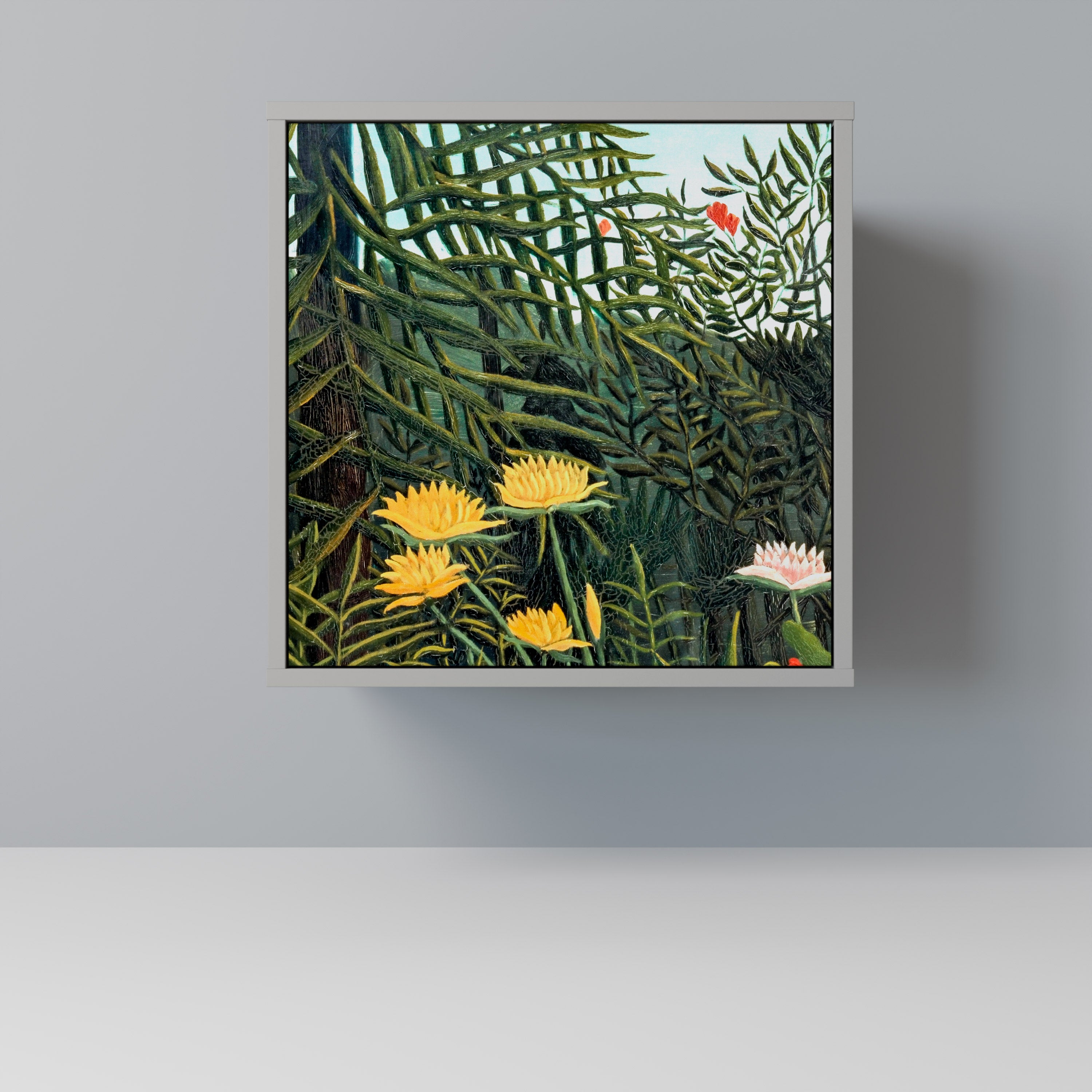 Aparador de 1 puerta VIRGEN FOREST CON ATARDECER en acabado gris