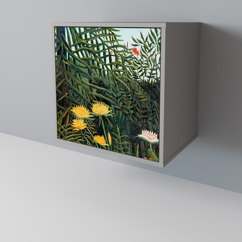 Aparador de 1 puerta VIRGEN FOREST CON ATARDECER en acabado gris