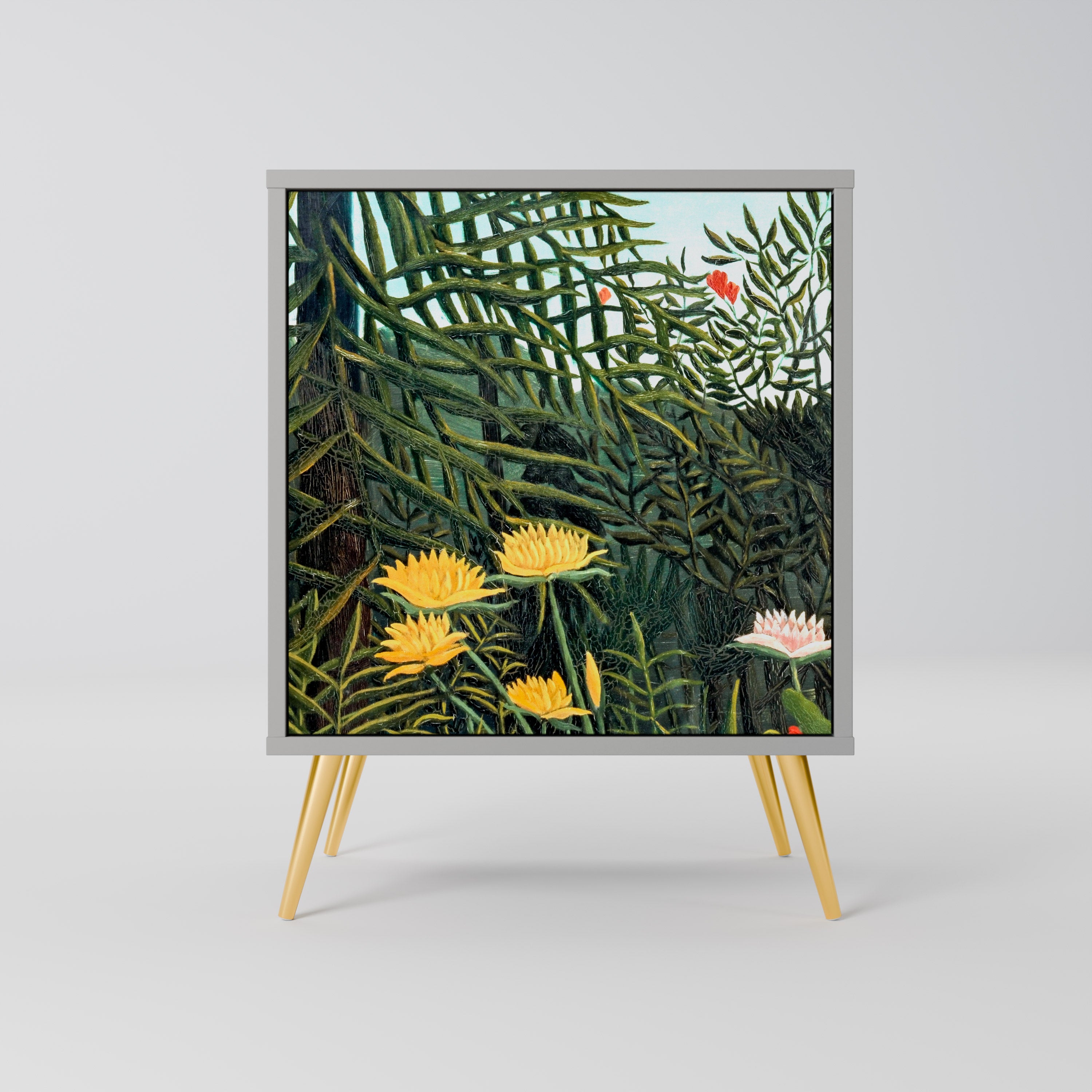 Aparador de 1 puerta VIRGEN FOREST CON ATARDECER en acabado gris