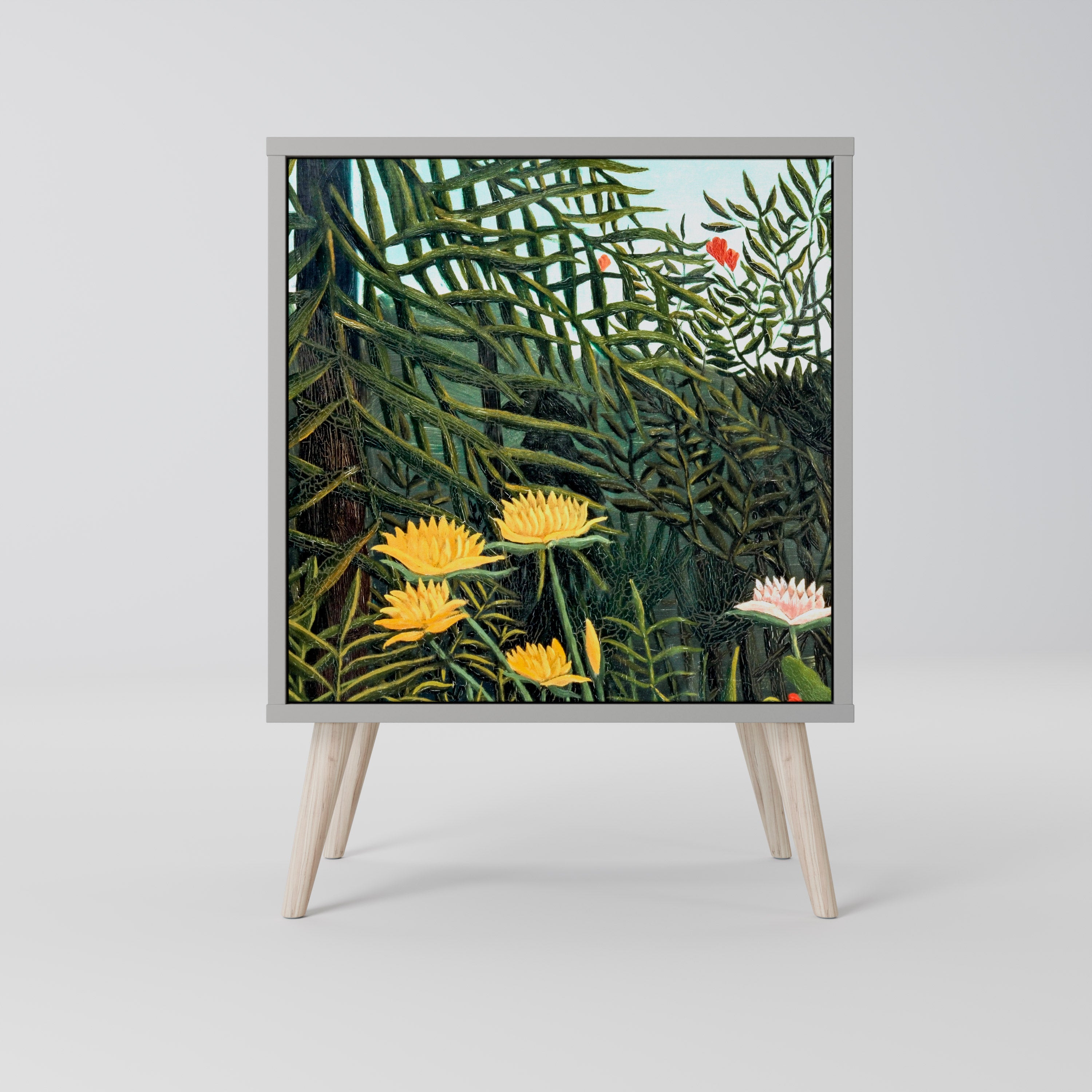 Aparador de 1 puerta VIRGEN FOREST CON ATARDECER en acabado gris