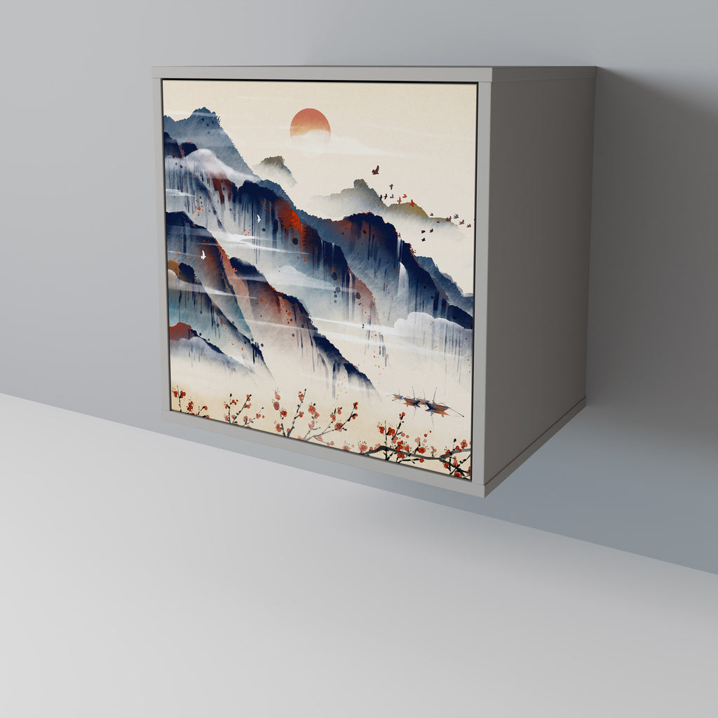 Aparador de 1 puerta estilo paisaje japonés en acabado gris
