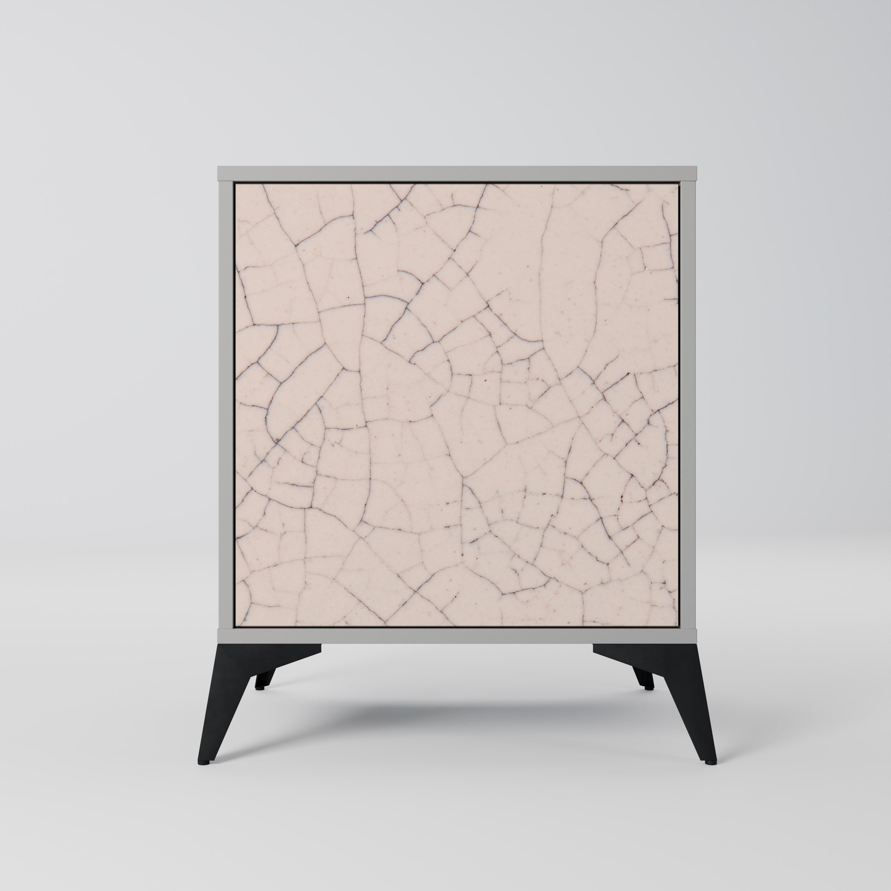 Aparador de 1 puerta con textura cerámica y acabado gris.