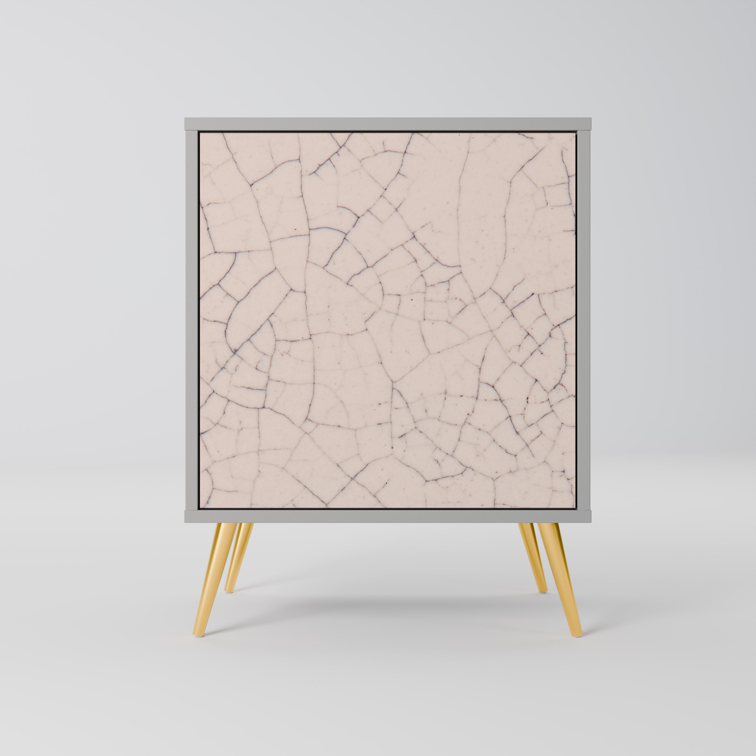 Aparador de 1 puerta con textura cerámica y acabado gris.