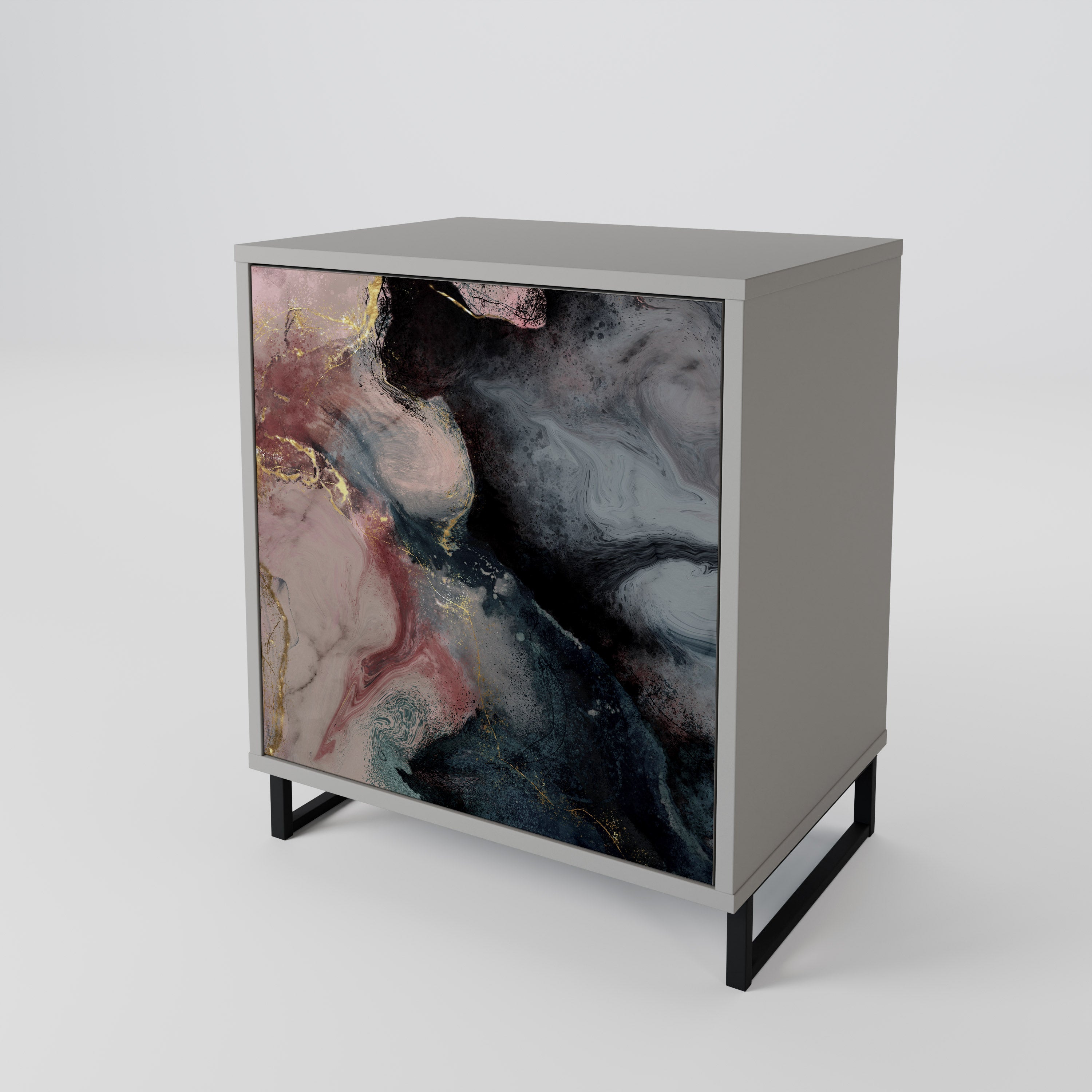 Aparador de una puerta con remolinos dorados en acabado gris