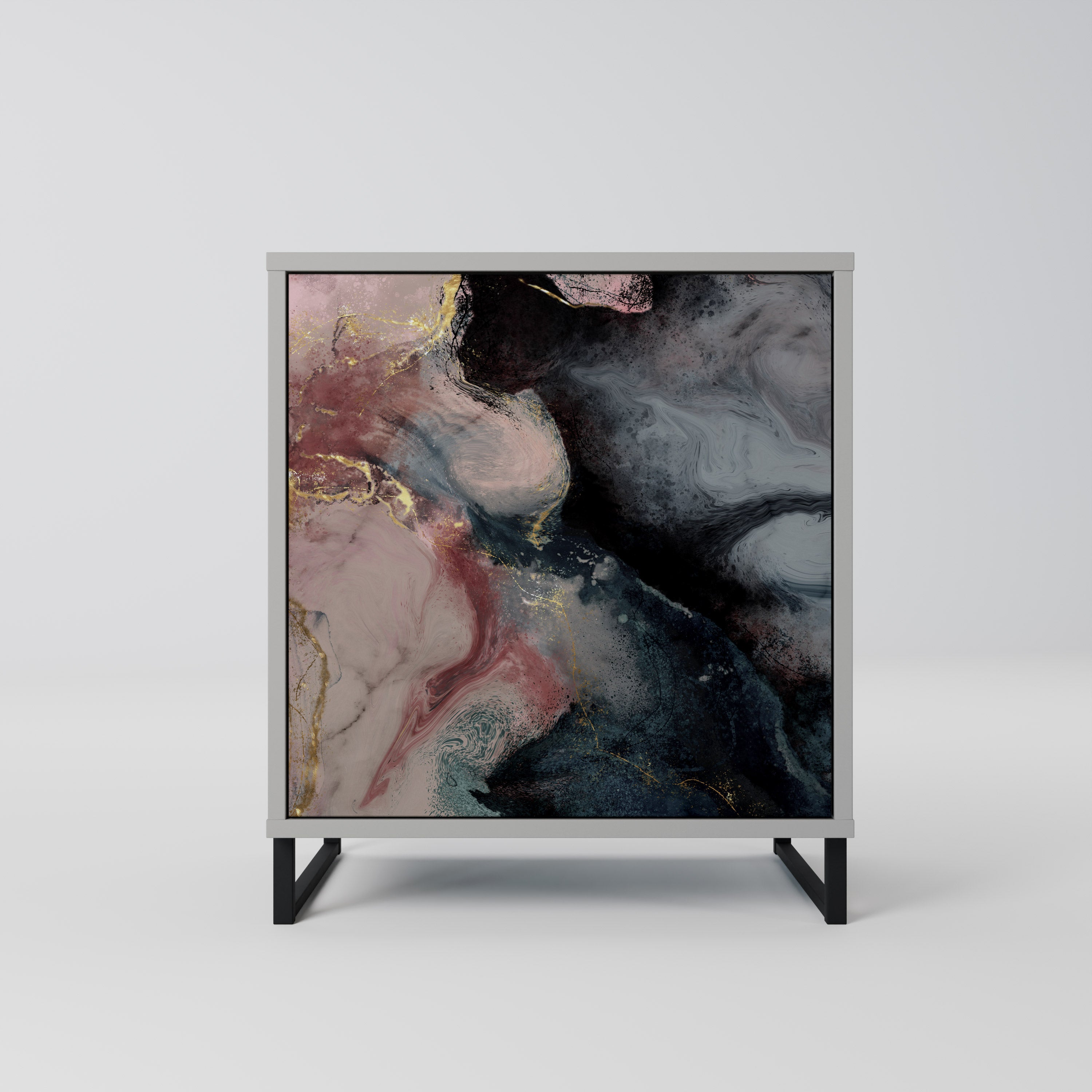 Aparador de una puerta con remolinos dorados en acabado gris