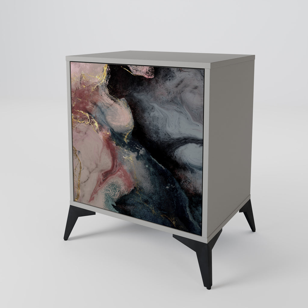 Aparador de una puerta con remolinos dorados en acabado gris