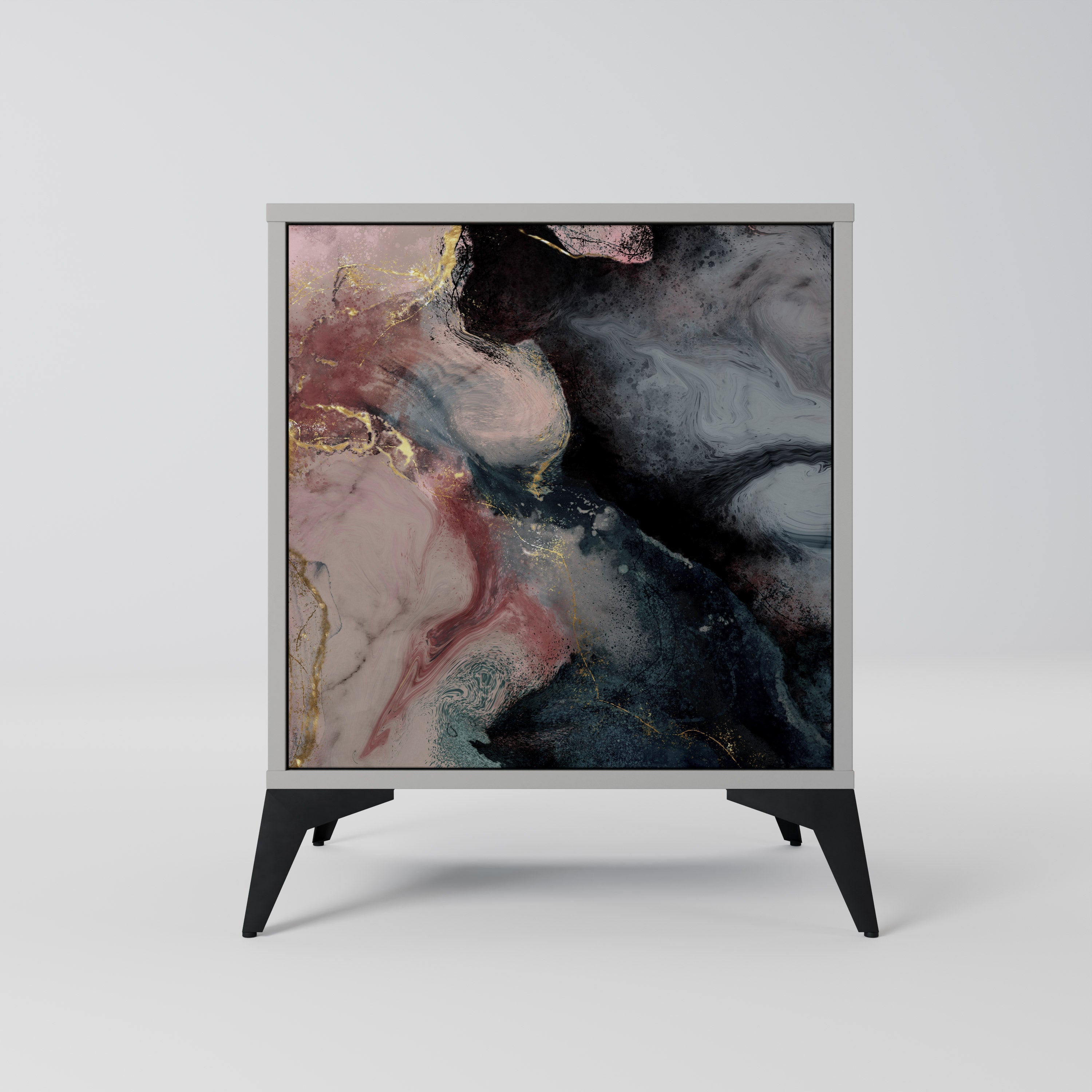 Aparador de una puerta con remolinos dorados en acabado gris