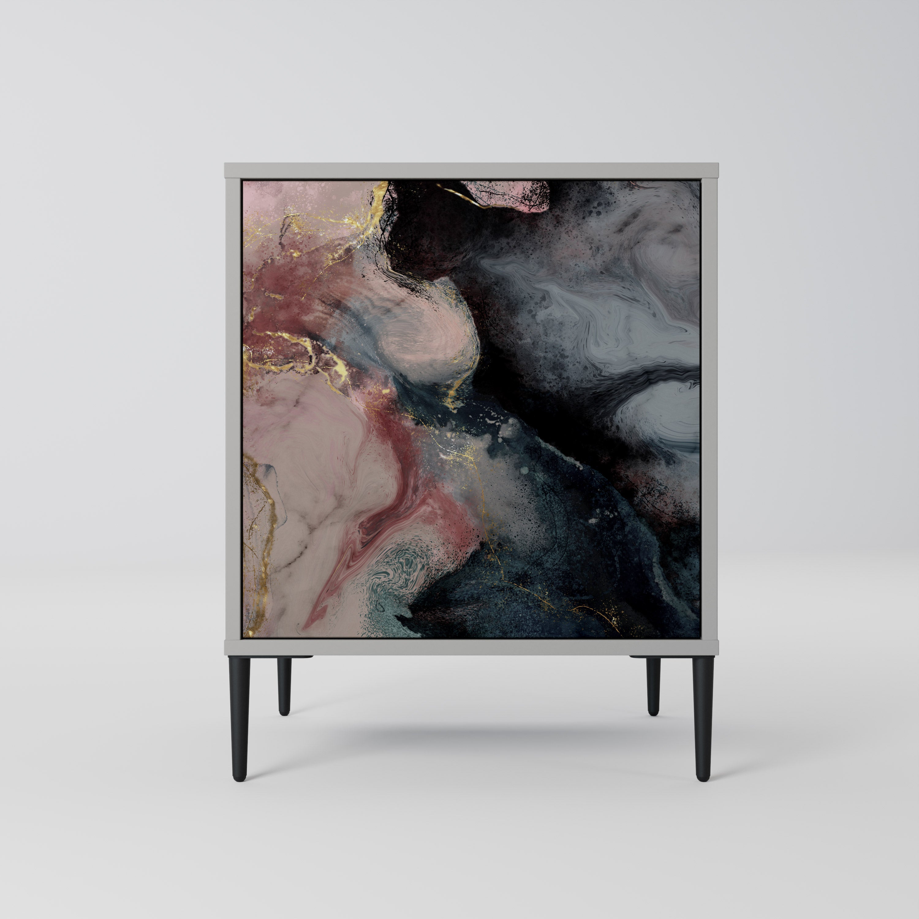 Aparador de una puerta con remolinos dorados en acabado gris