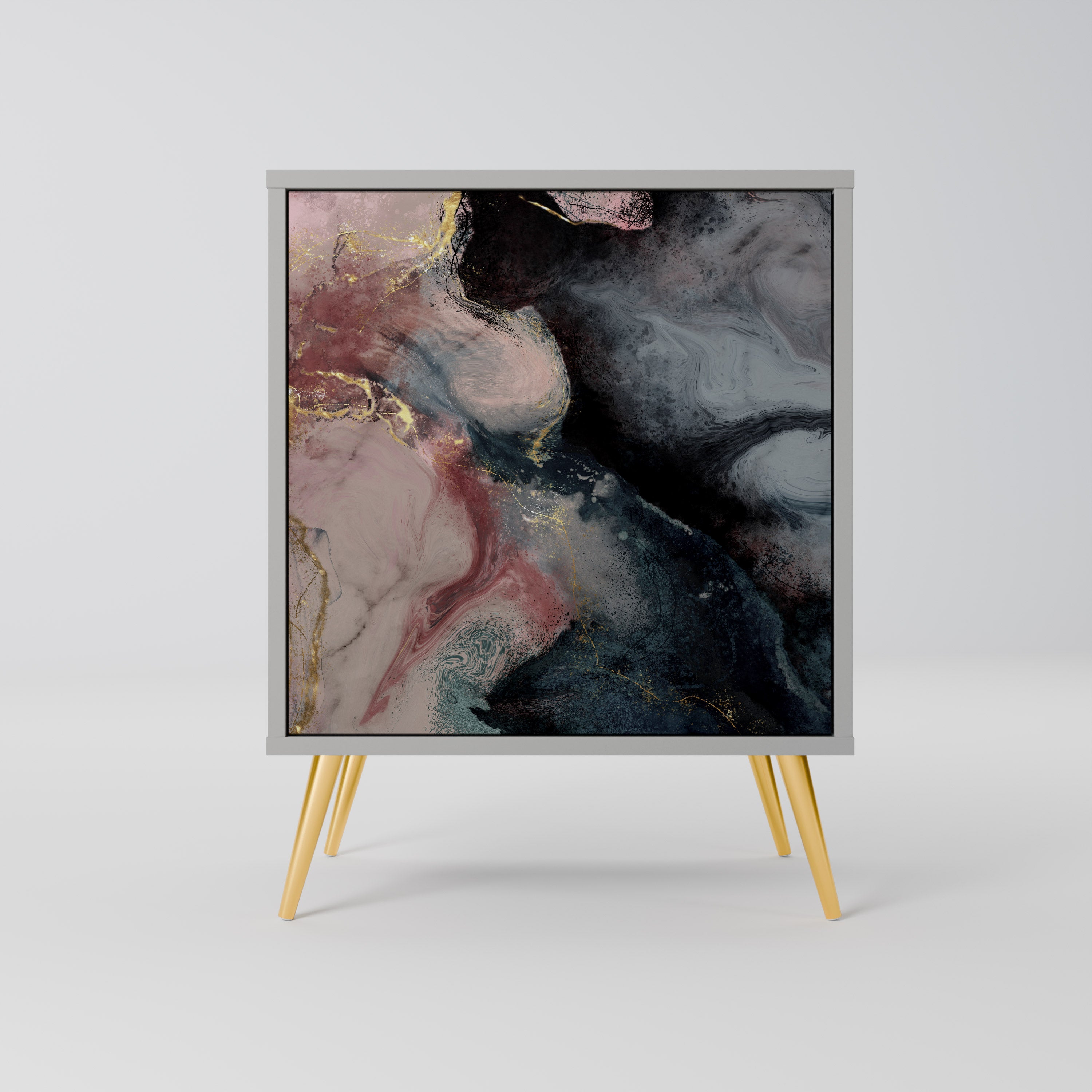 Aparador de una puerta con remolinos dorados en acabado gris