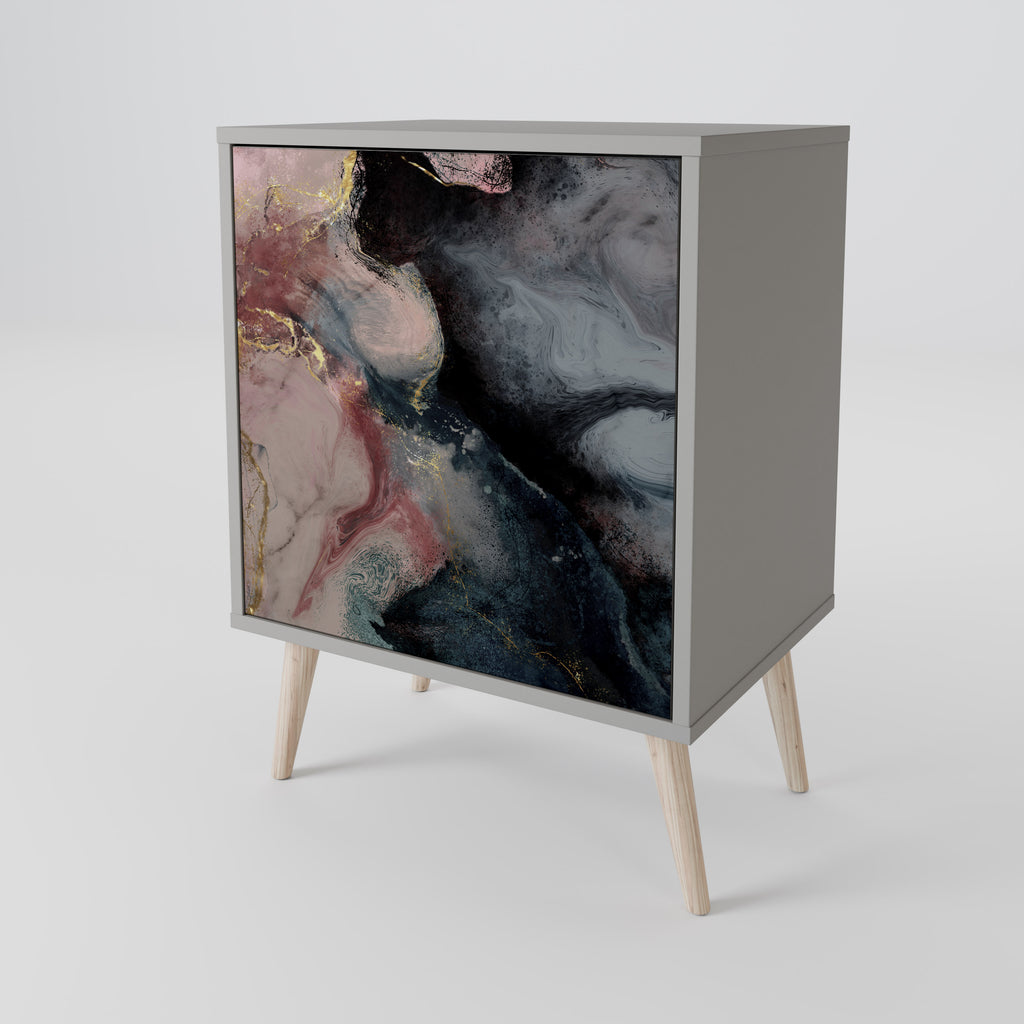 Aparador de una puerta con remolinos dorados en acabado gris