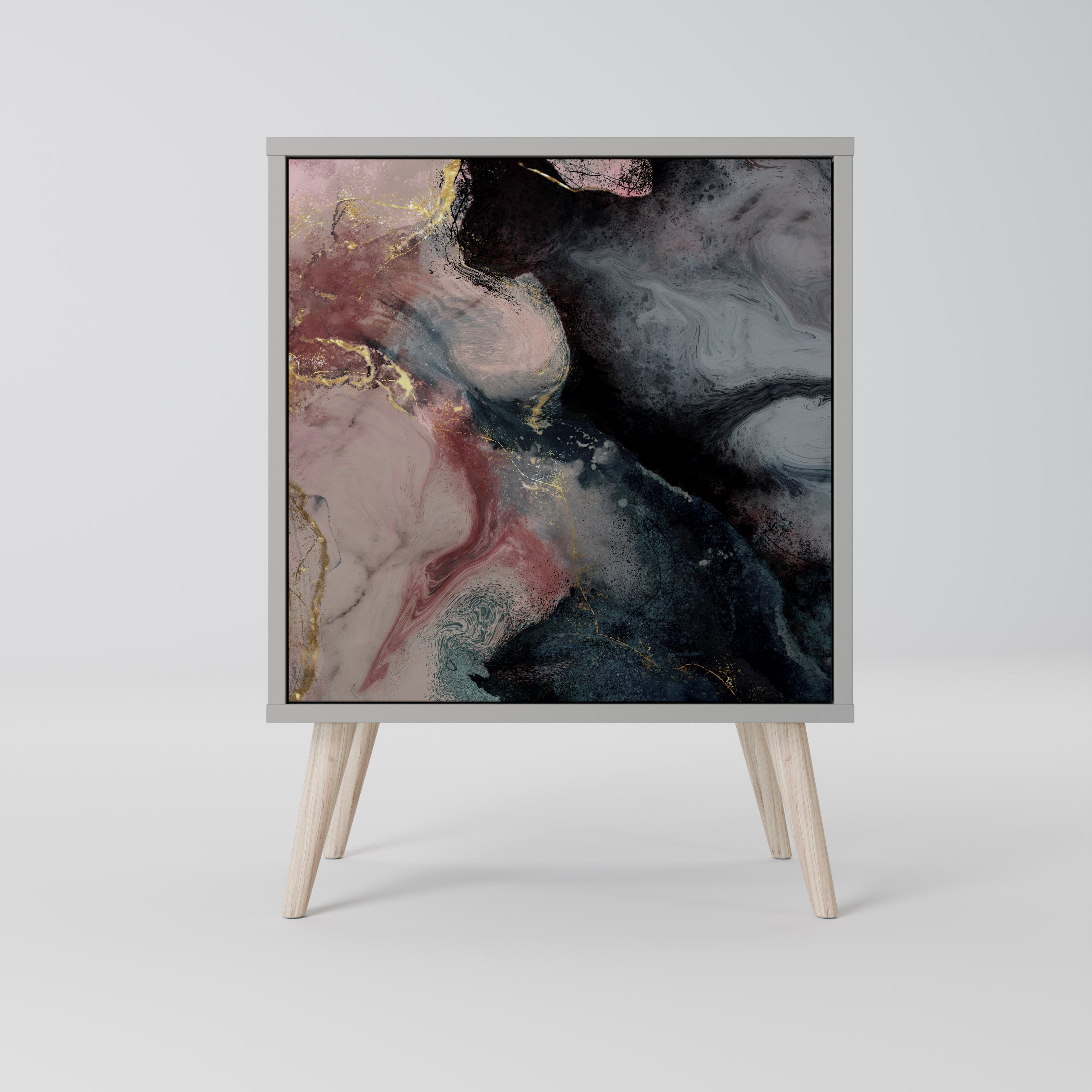 Aparador de una puerta con remolinos dorados en acabado gris