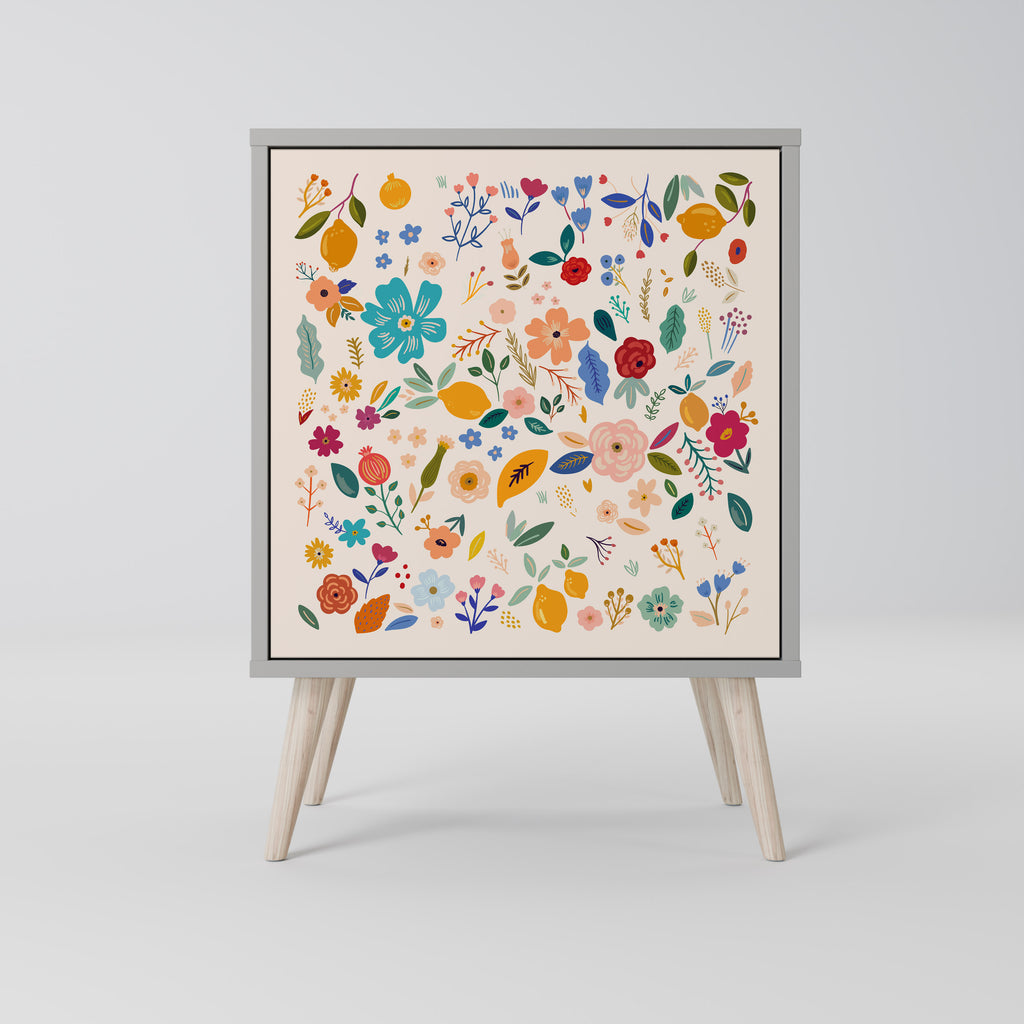 Aparador de 1 puerta con diseño floral en acabado gris