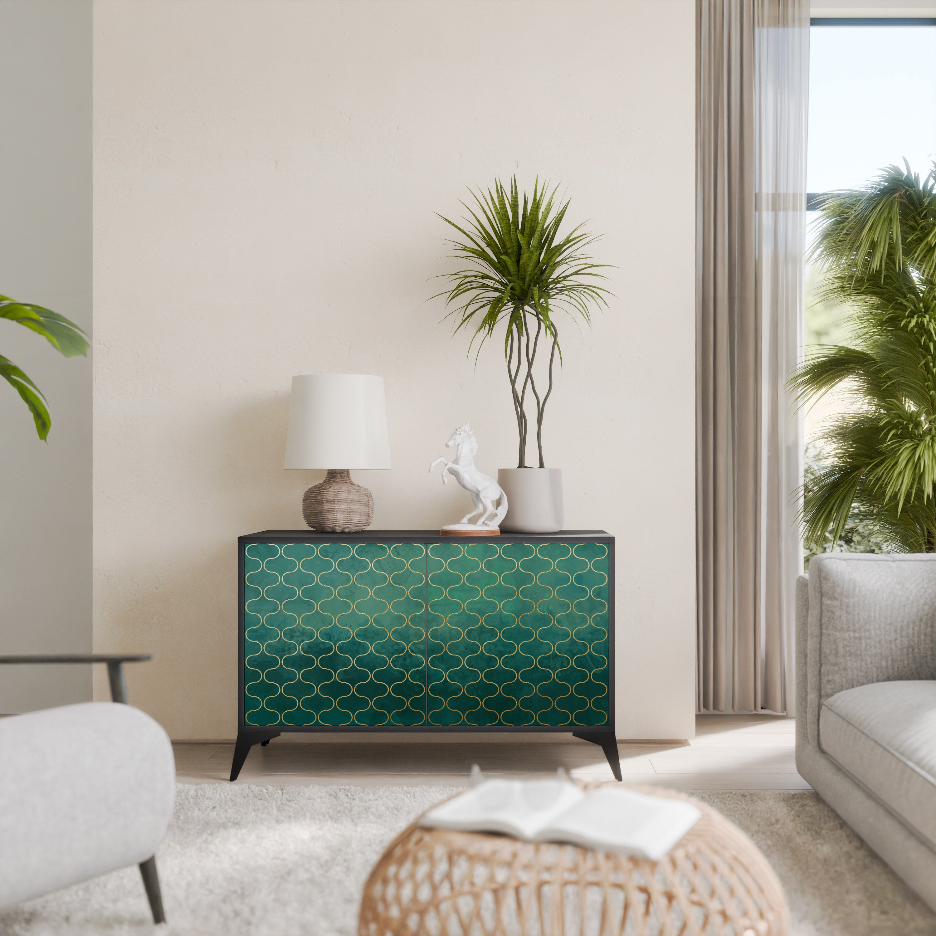 TESSELATED GREENERY 2-Door Sideboard in Black Finish