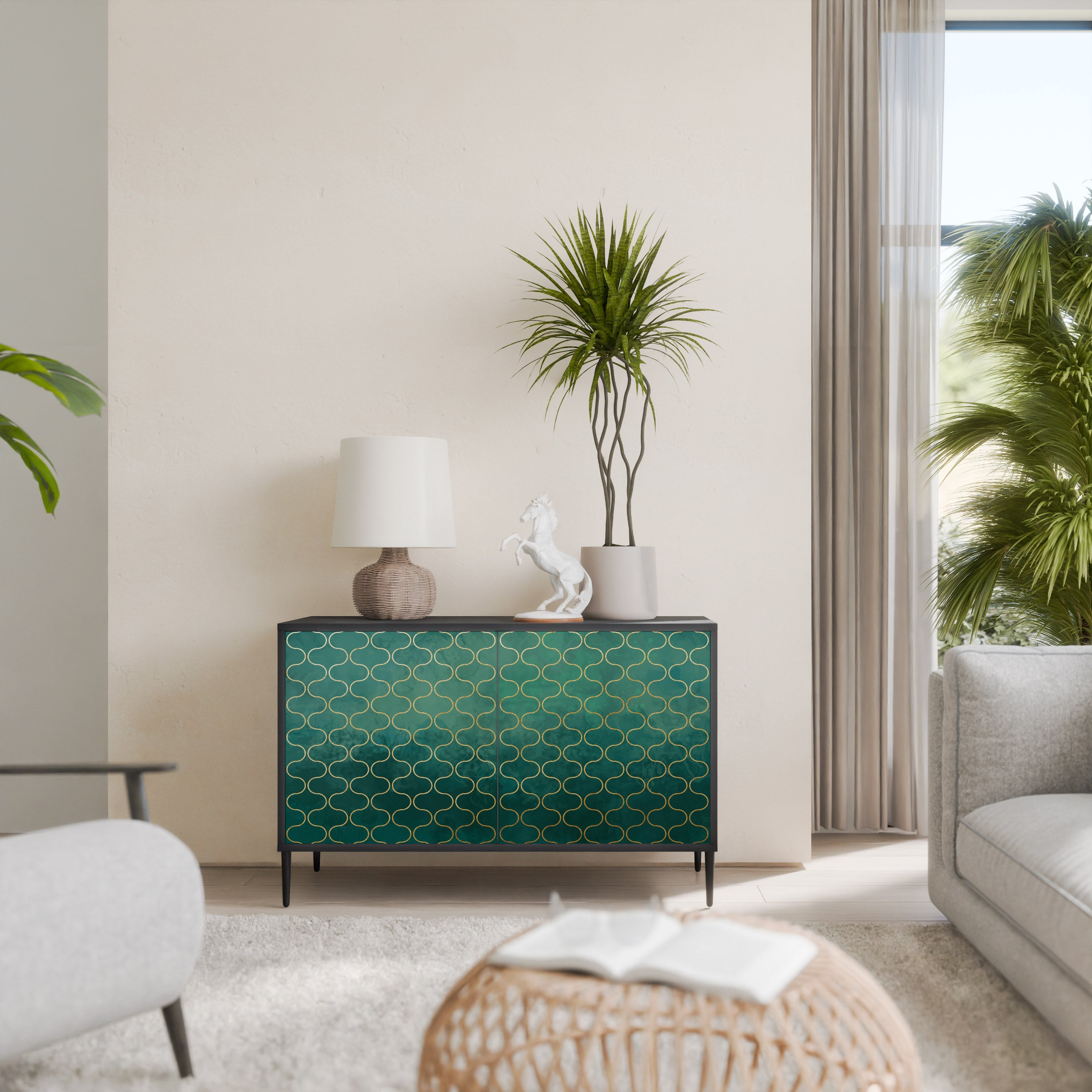 TESSELATED GREENERY 2-Door Sideboard in Black Finish