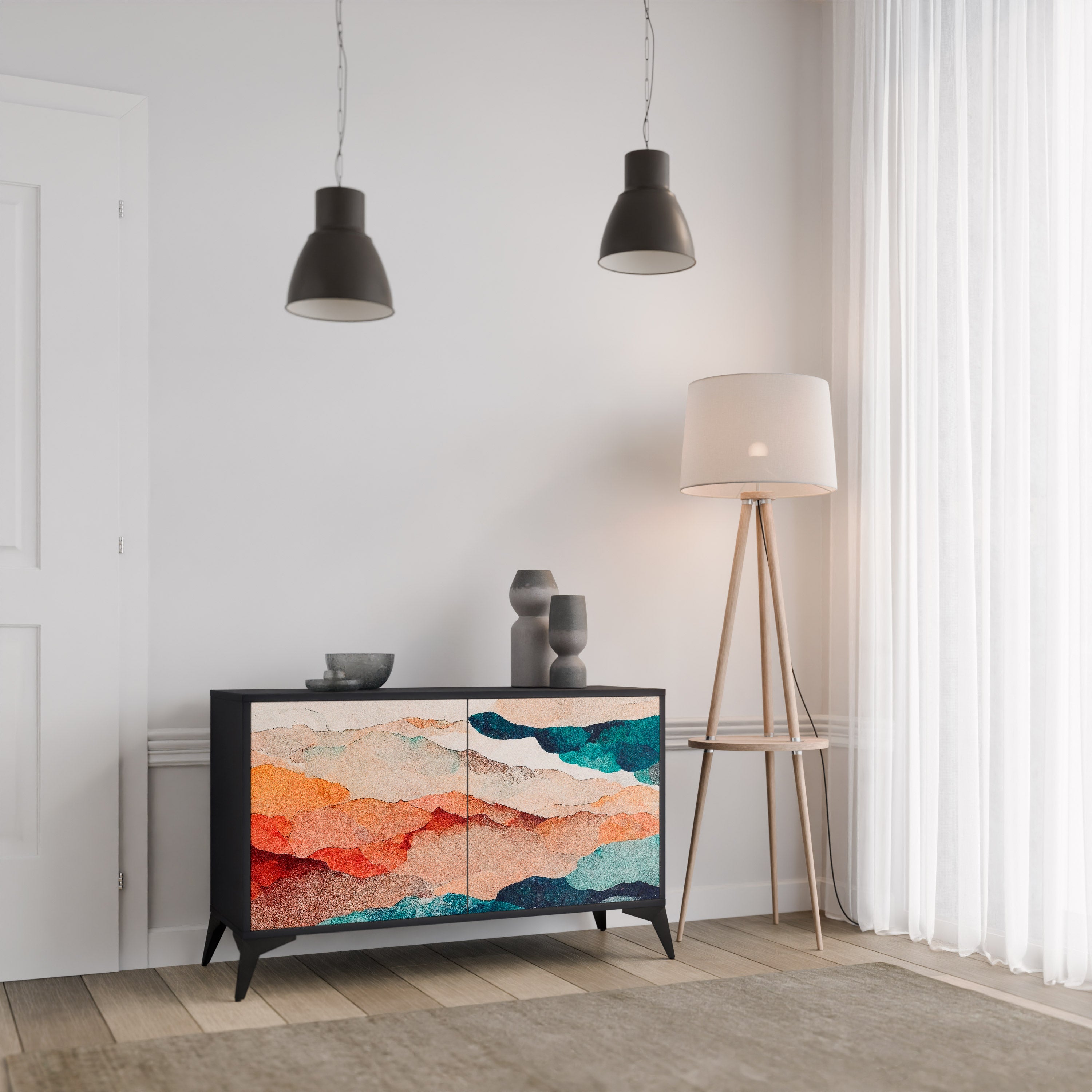 ABSTRACT LANDSCAPE 2-Door Sideboard in Black Finish