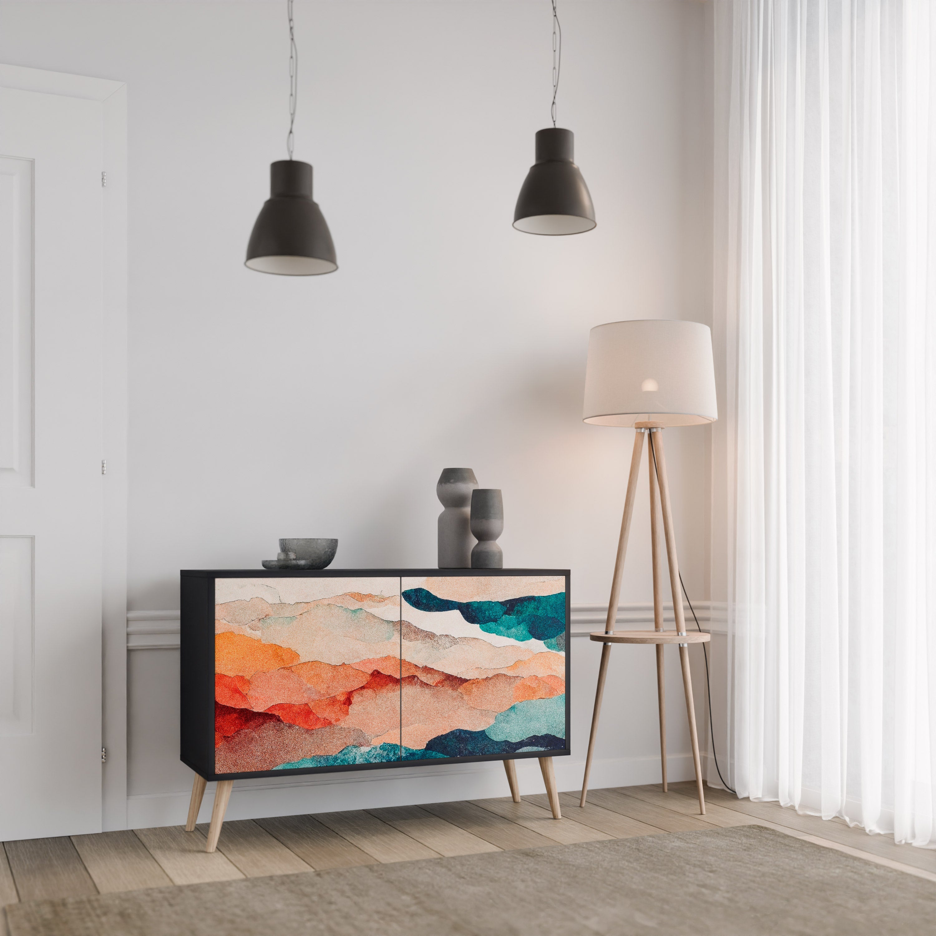 ABSTRACT LANDSCAPE 2-Door Sideboard in Black Finish