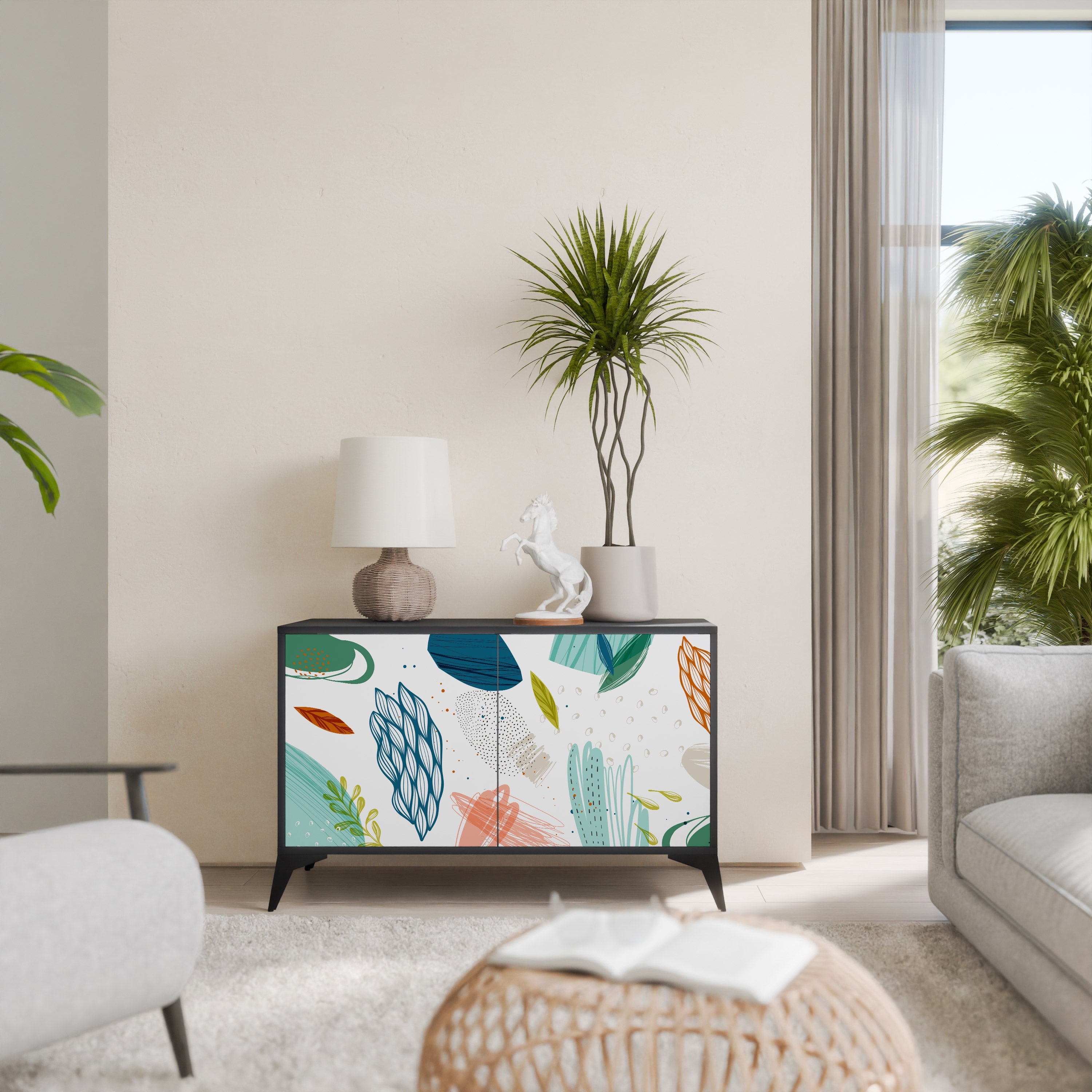 BOTANICAL HURRICANE 2-Door Sideboard in Black Finish