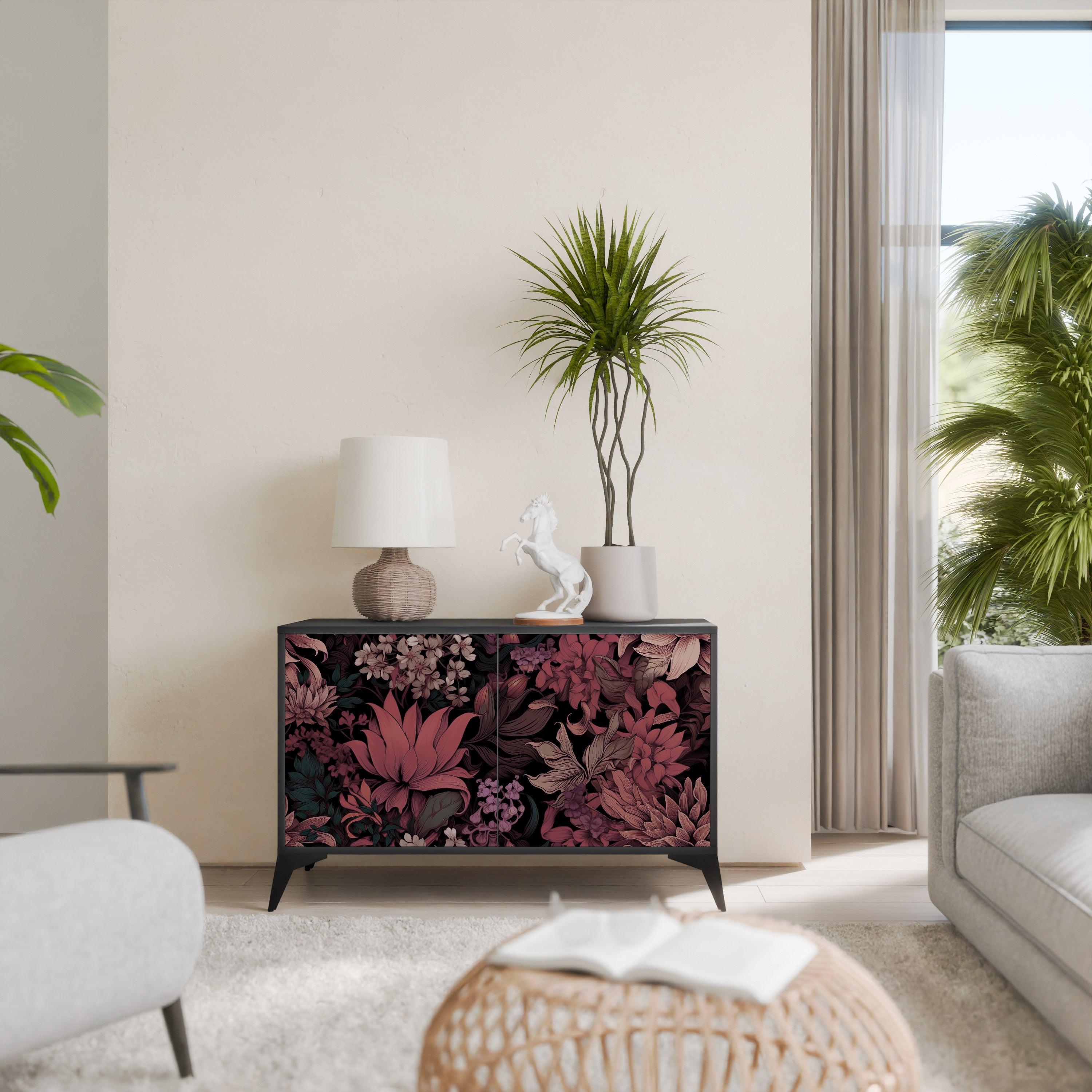 FLORAL WHISPER 2-Door Sideboard in Black Finish