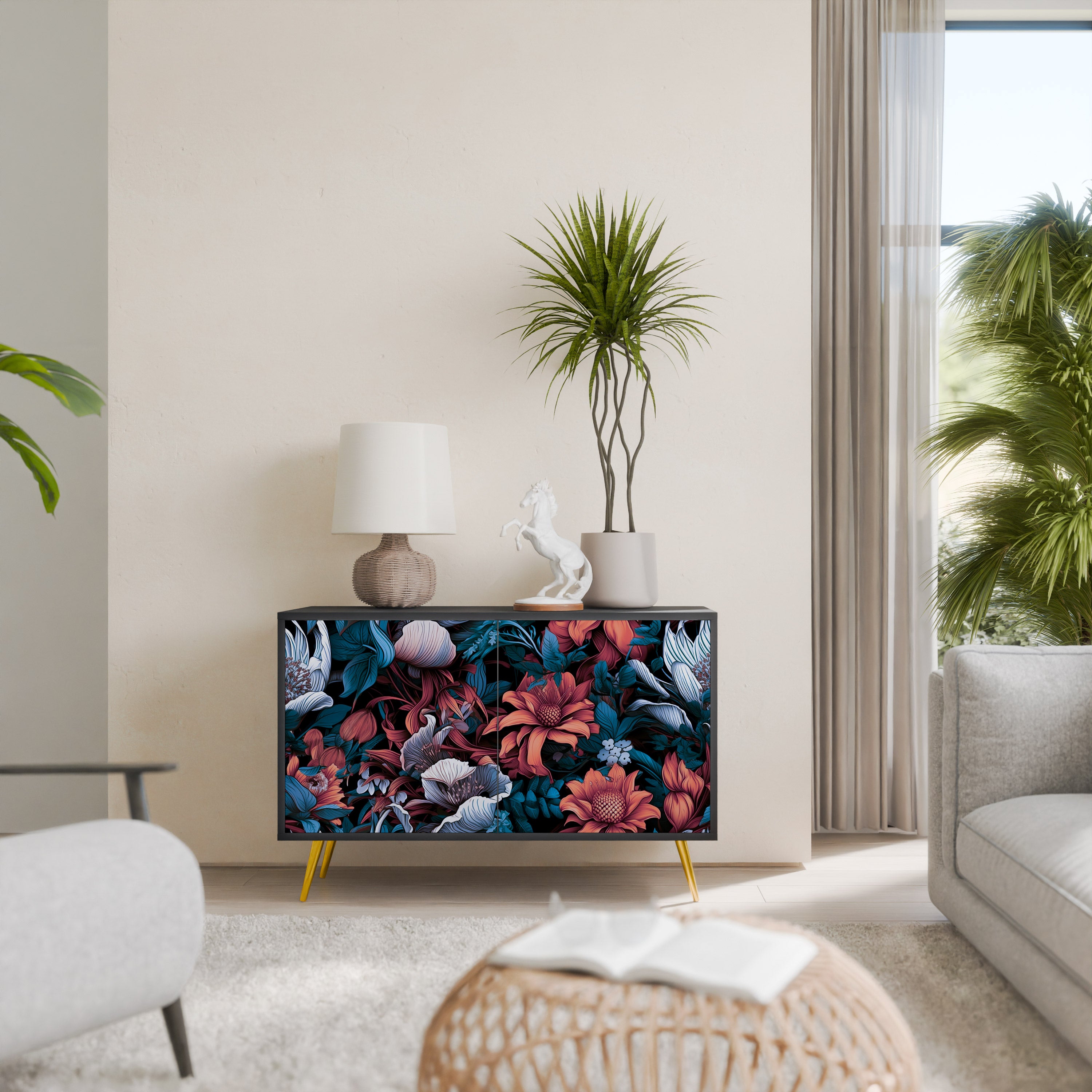 ETHEREAL BLOSSOMS 2-Door Sideboard in Black Finish