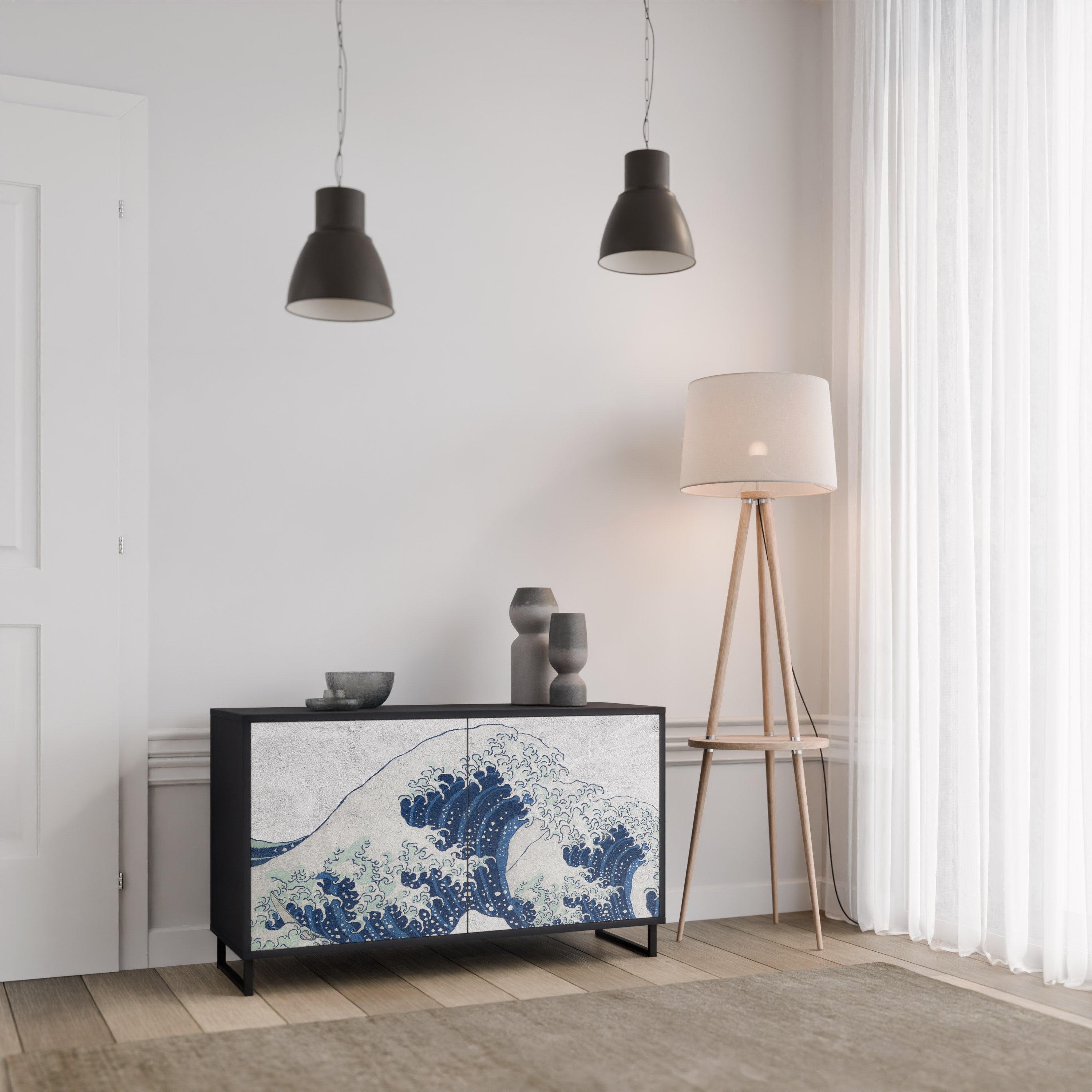 THE GREAT WAVE AT KANAGAWA 2-Door Sideboard in Black Finish