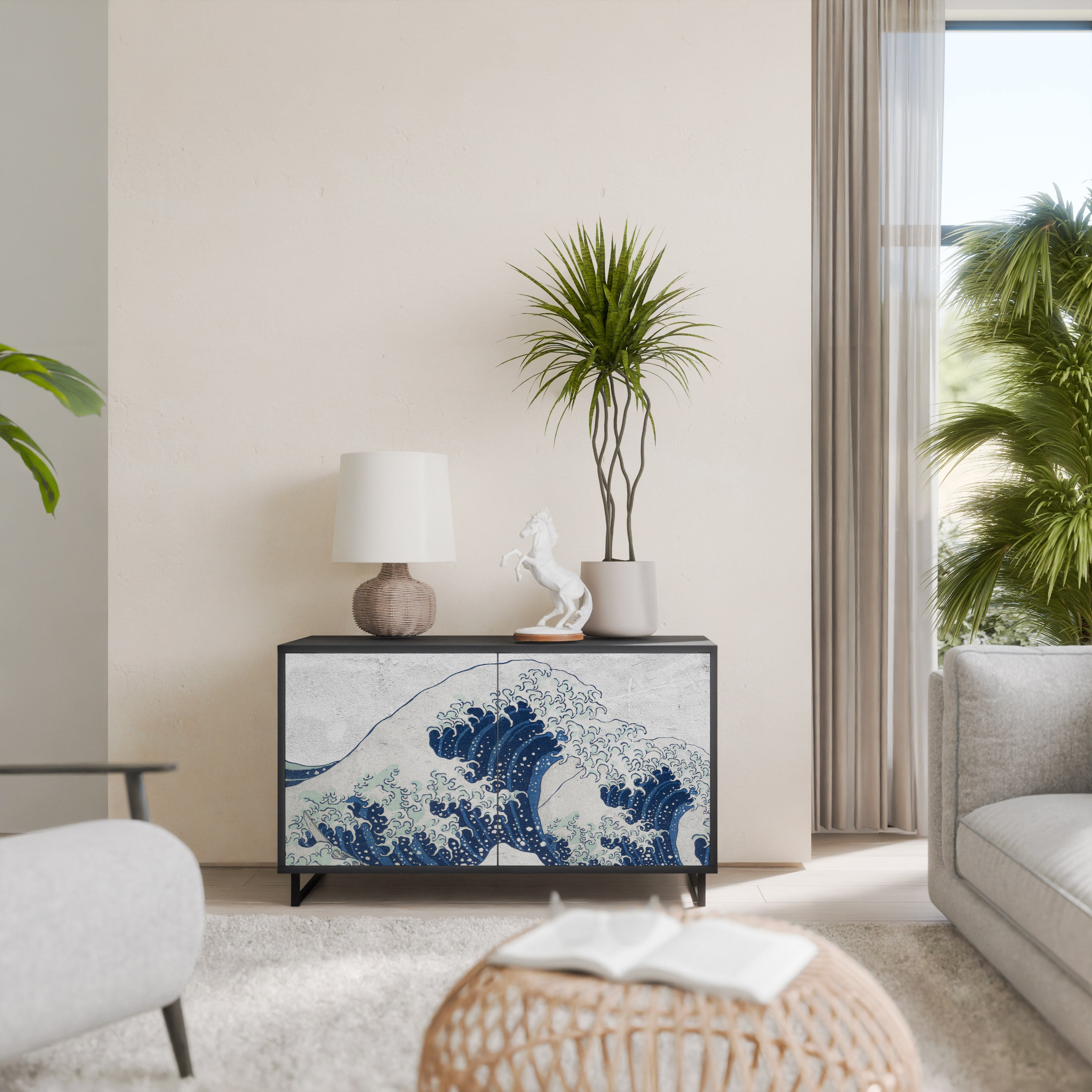 THE GREAT WAVE AT KANAGAWA 2-Door Sideboard in Black Finish