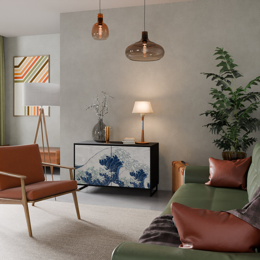 THE GREAT WAVE AT KANAGAWA 2-Door Sideboard in Black Finish