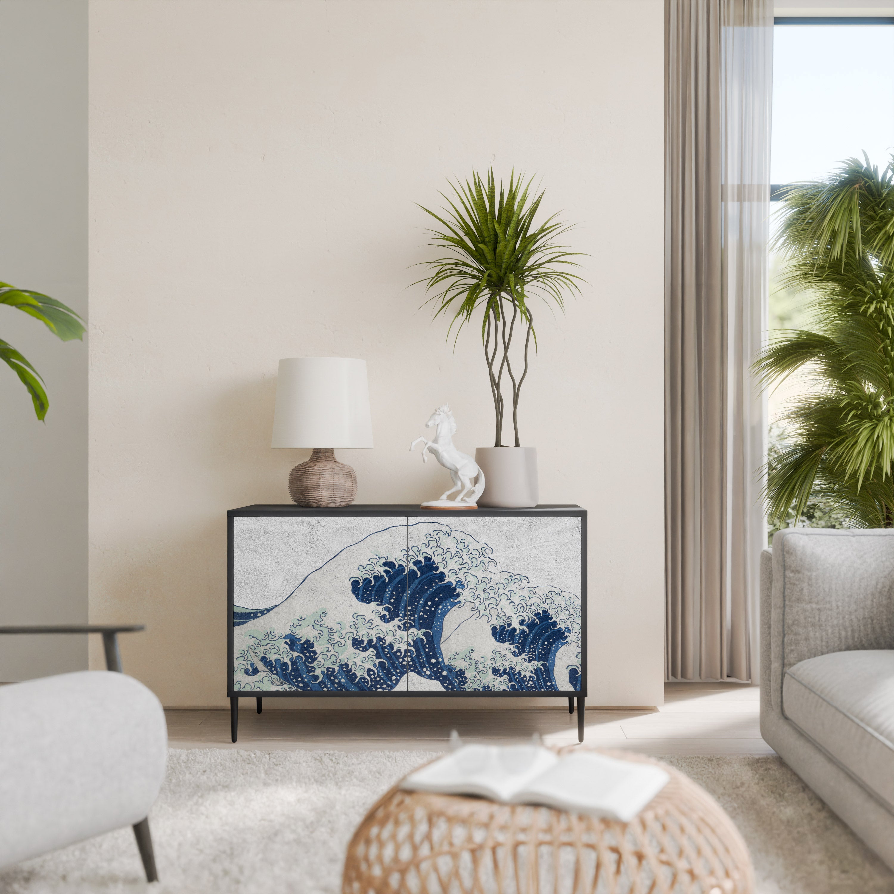 THE GREAT WAVE AT KANAGAWA 2-Door Sideboard in Black Finish