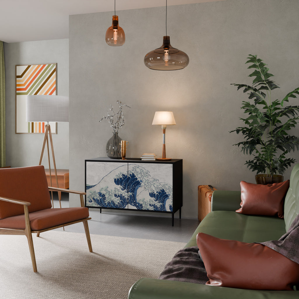 THE GREAT WAVE AT KANAGAWA 2-Door Sideboard in Black Finish