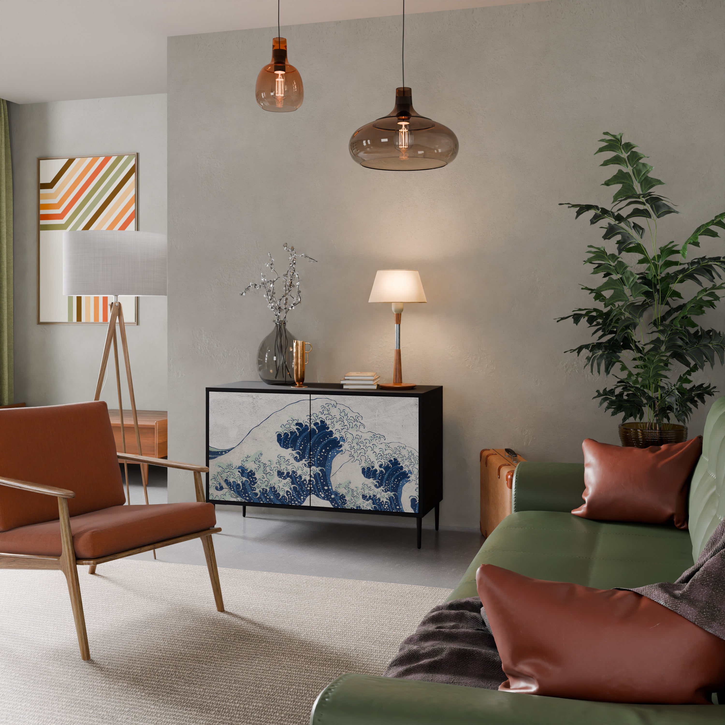 THE GREAT WAVE AT KANAGAWA 2-Door Sideboard in Black Finish