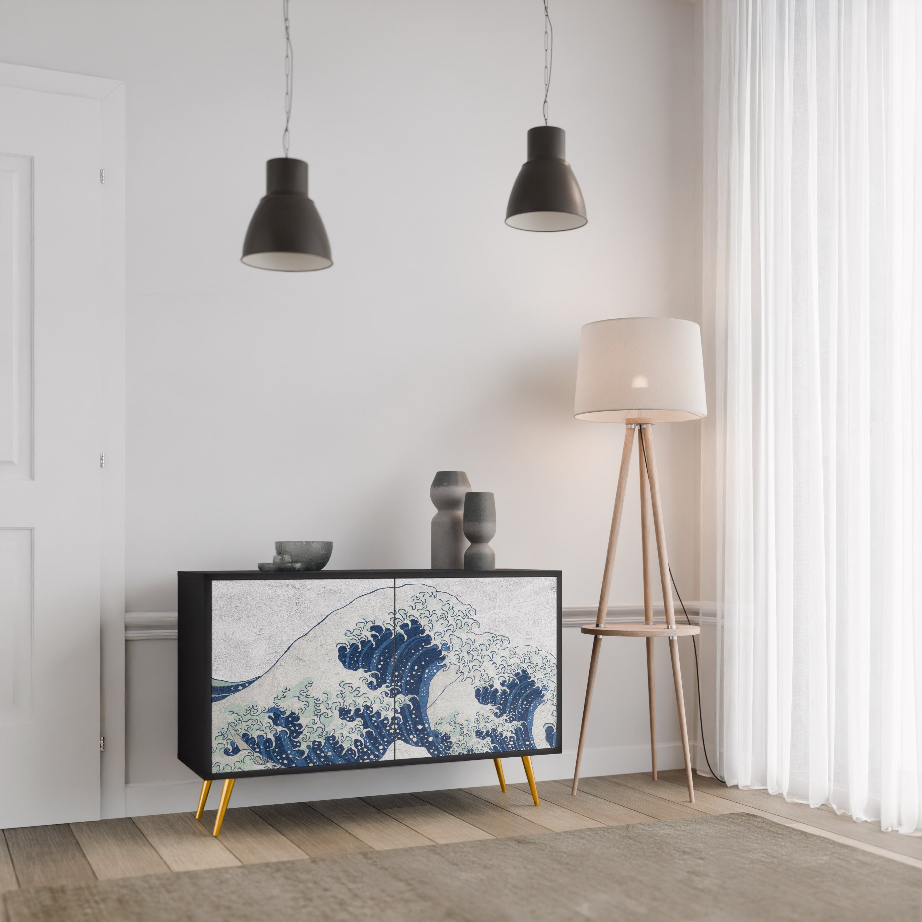 THE GREAT WAVE AT KANAGAWA 2-Door Sideboard in Black Finish