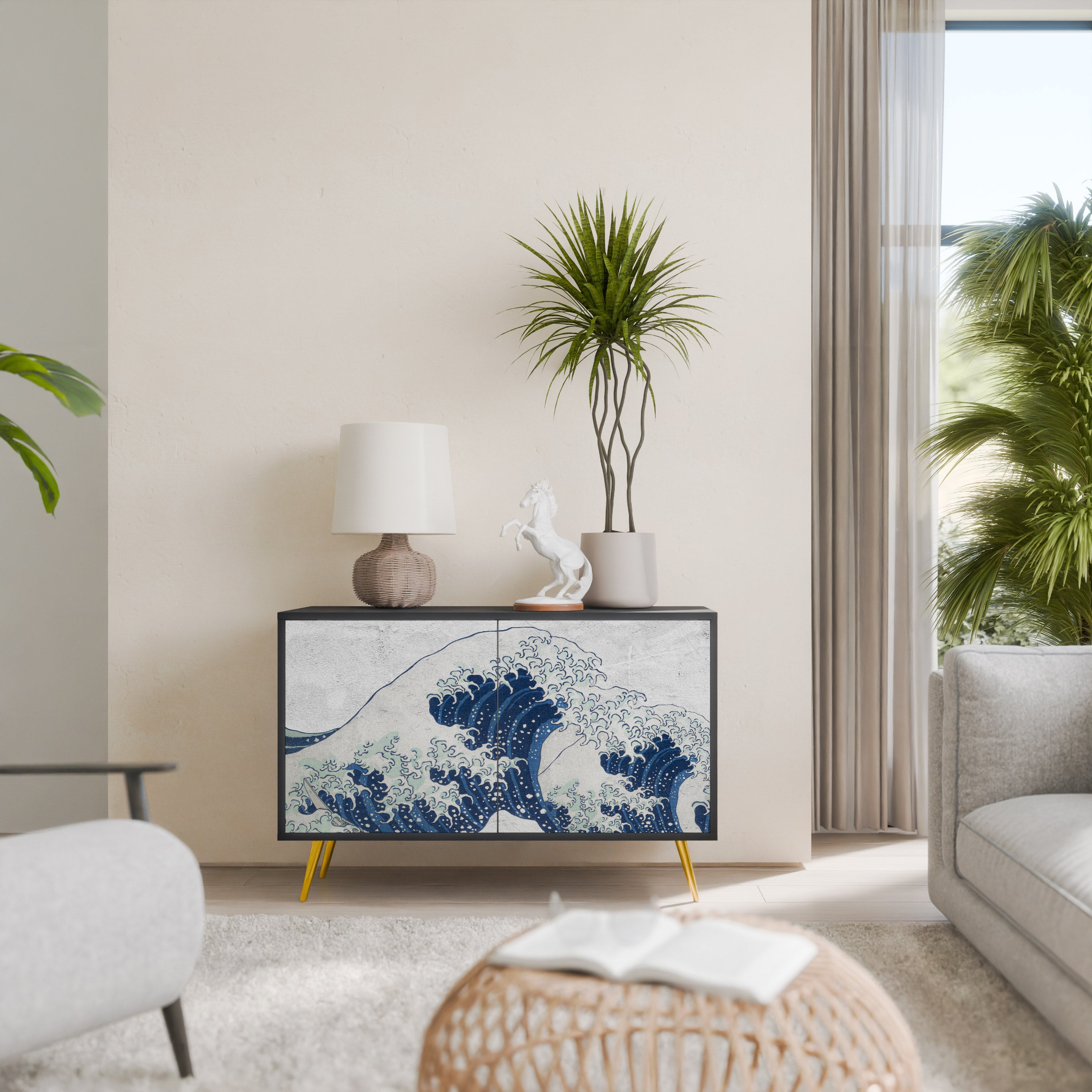 THE GREAT WAVE AT KANAGAWA 2-Door Sideboard in Black Finish