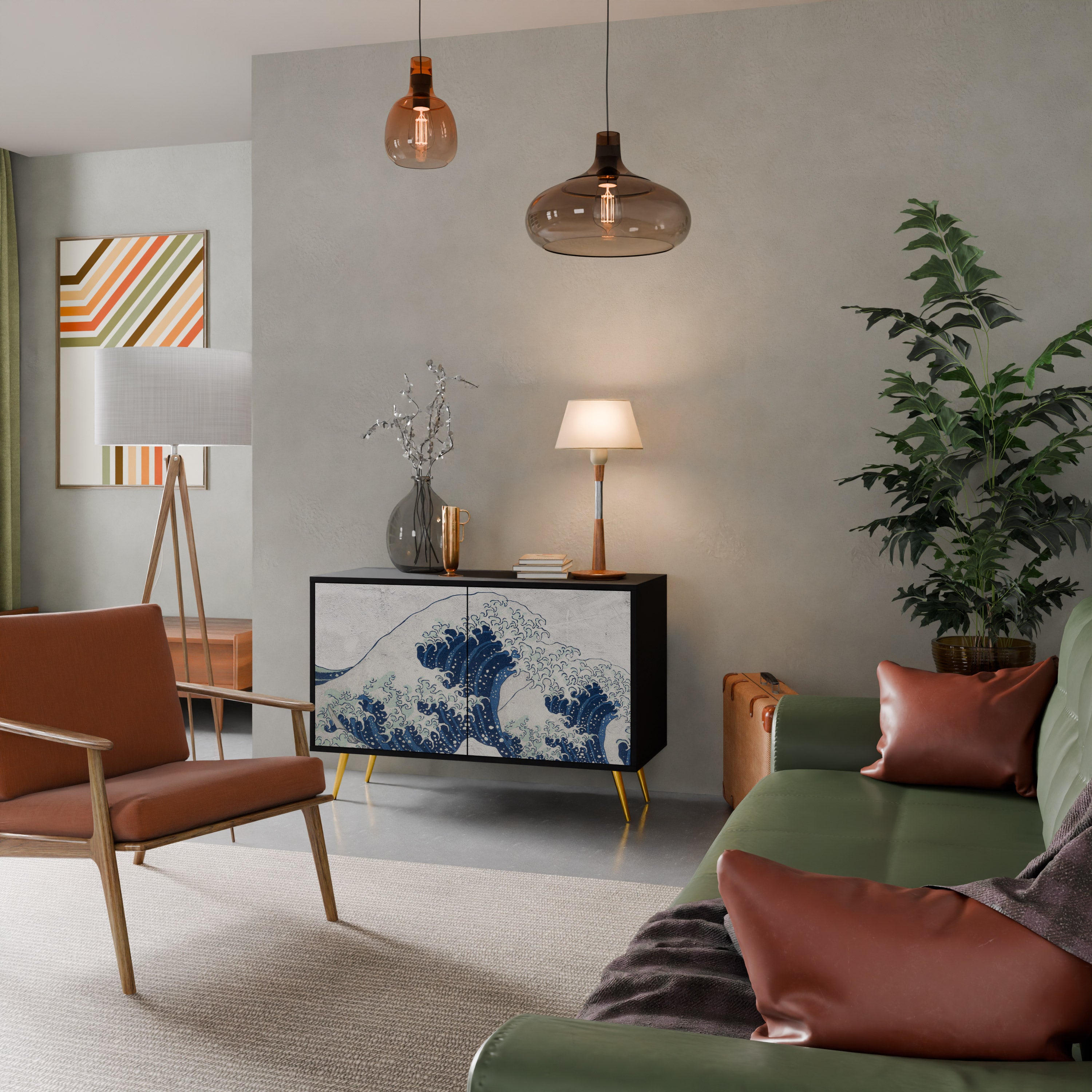 THE GREAT WAVE AT KANAGAWA 2-Door Sideboard in Black Finish