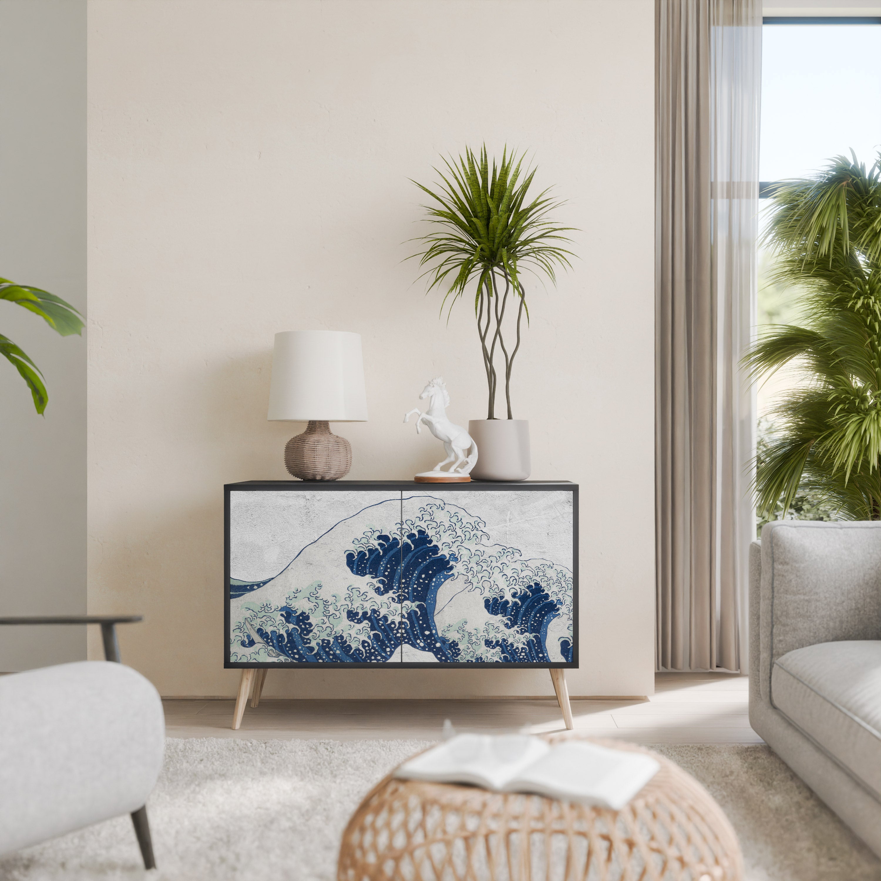 THE GREAT WAVE AT KANAGAWA 2-Door Sideboard in Black Finish