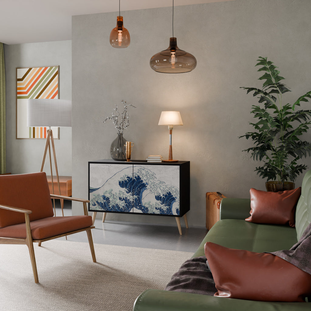 THE GREAT WAVE AT KANAGAWA 2-Door Sideboard in Black Finish