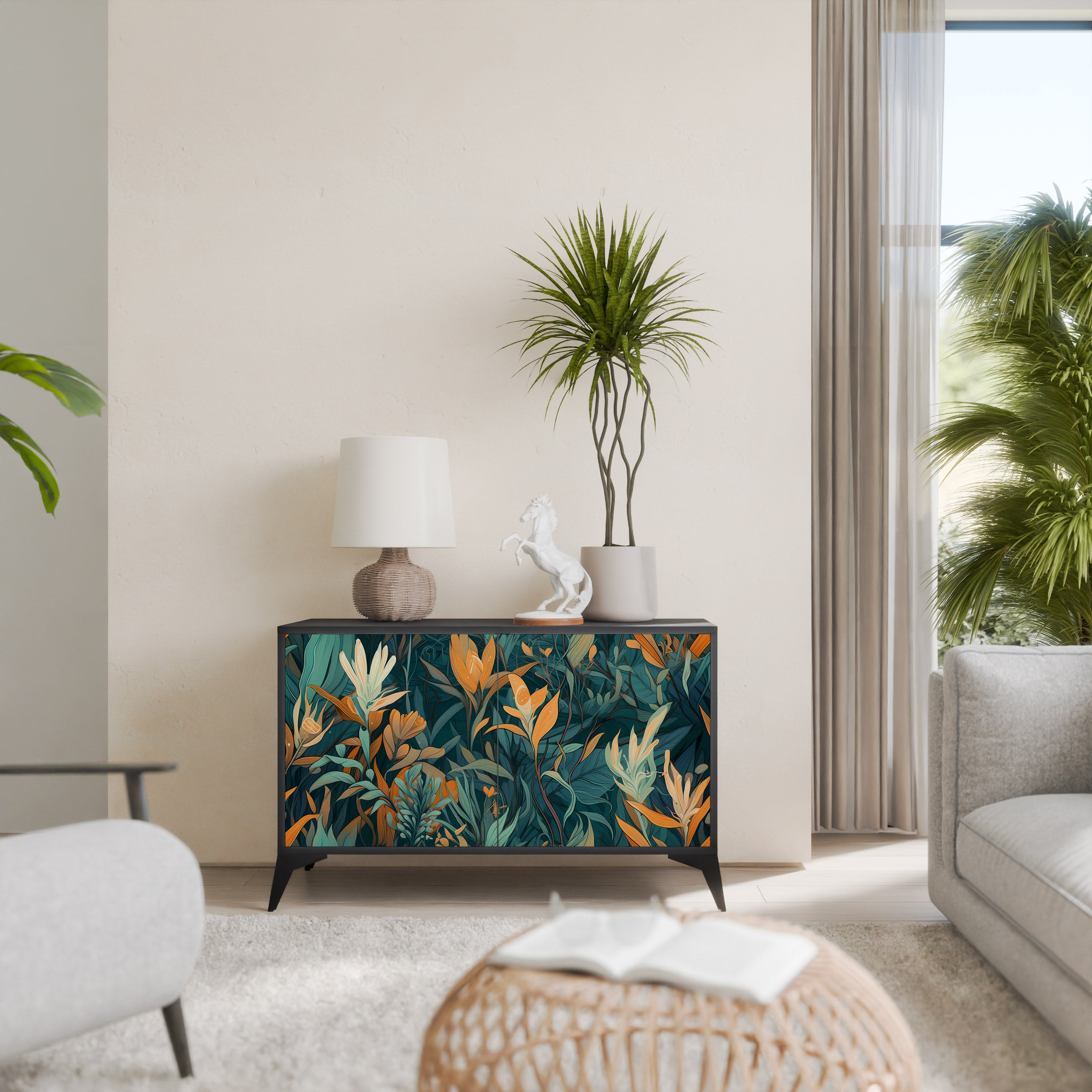 FLORAL SERENITY 2-Door Sideboard in Black Finish