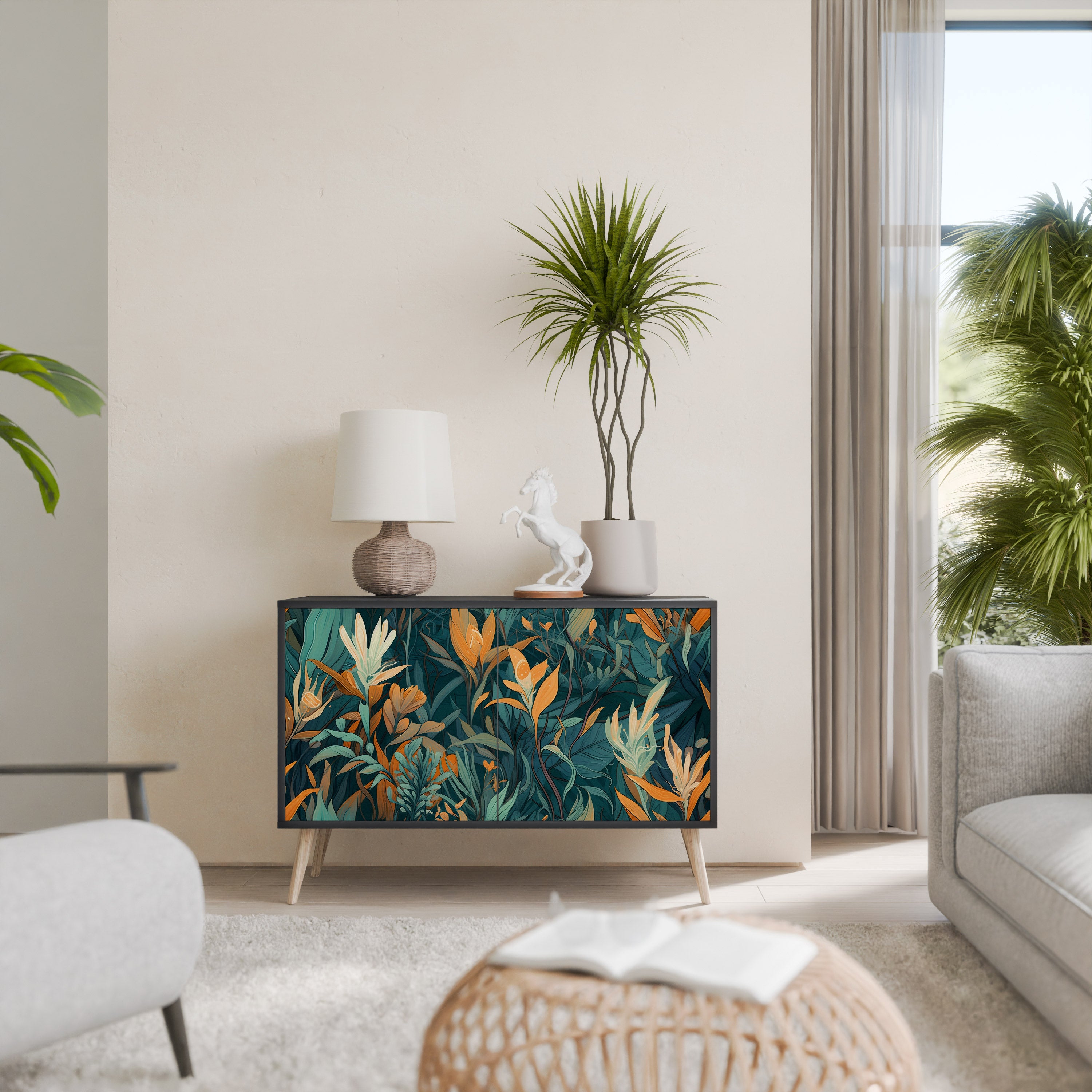 FLORAL SERENITY 2-Door Sideboard in Black Finish